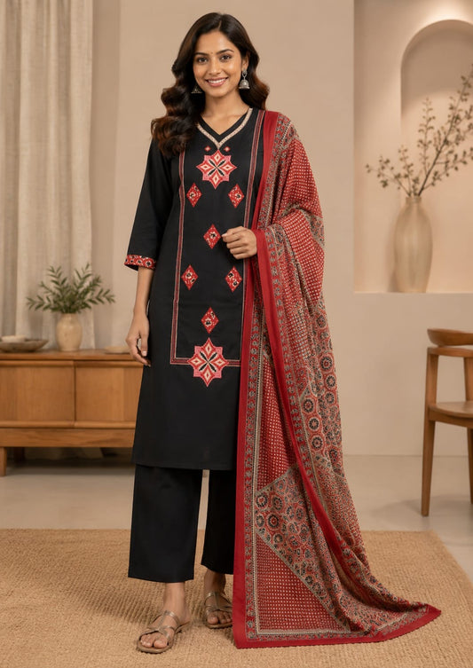 Black cotton straight cut Suit