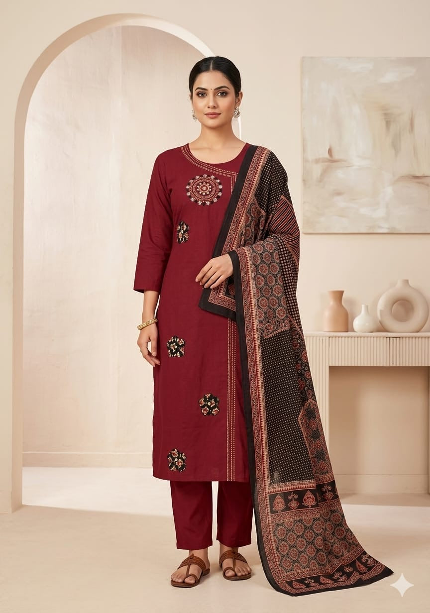 Maroon cotton straight cut Suit