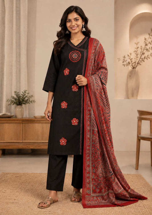 Black cotton straight cut Suit