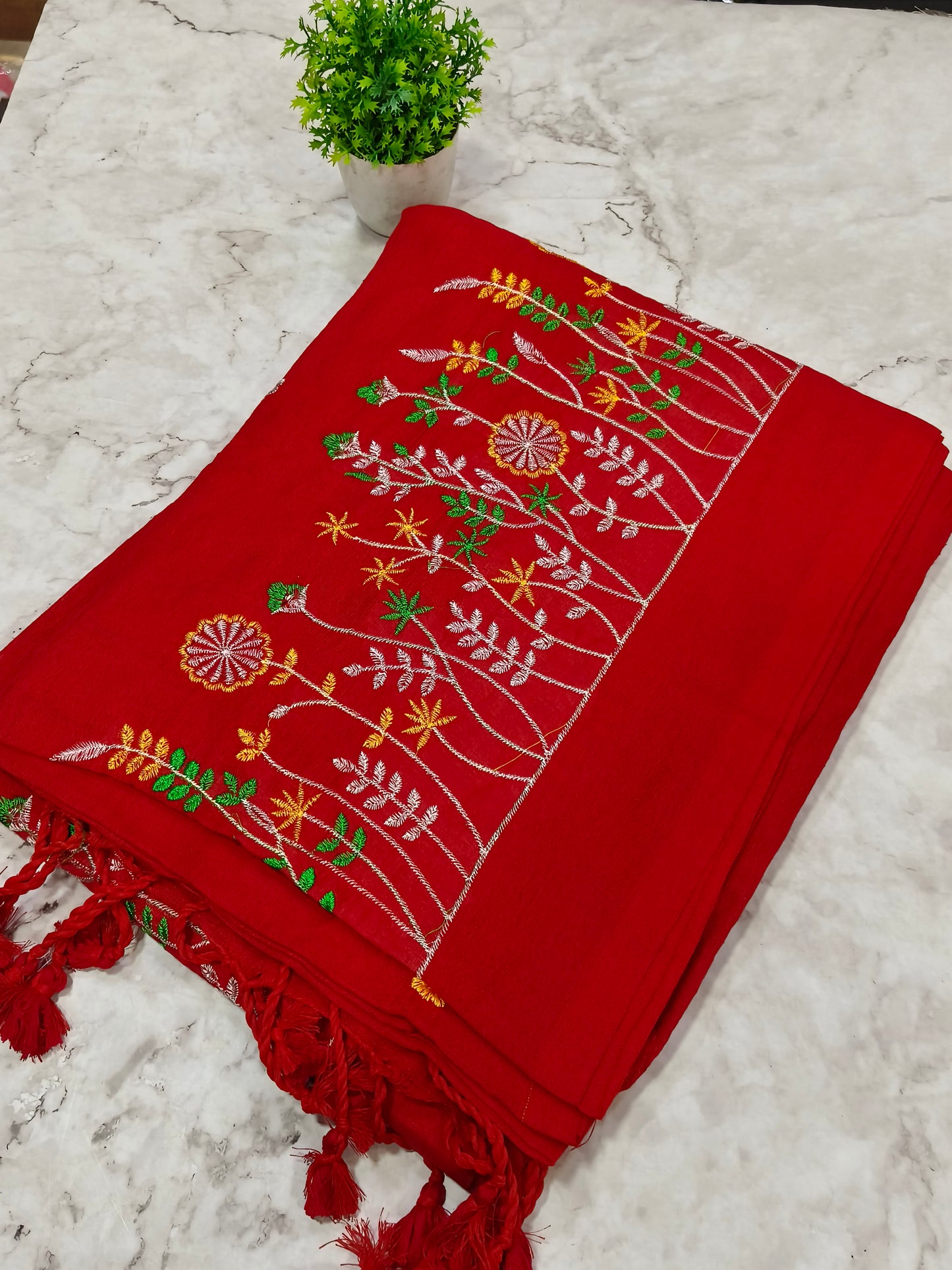 Red Khadi cotton saree