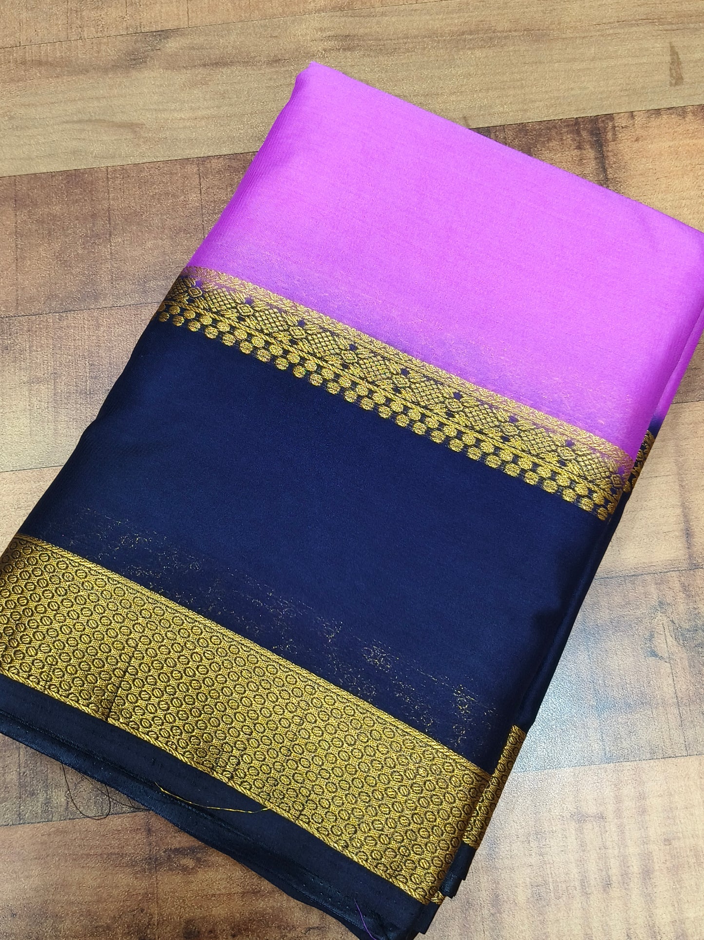 LOTUS PINK WITH DARKBLUE SEMI MYSORE CREPE SILK