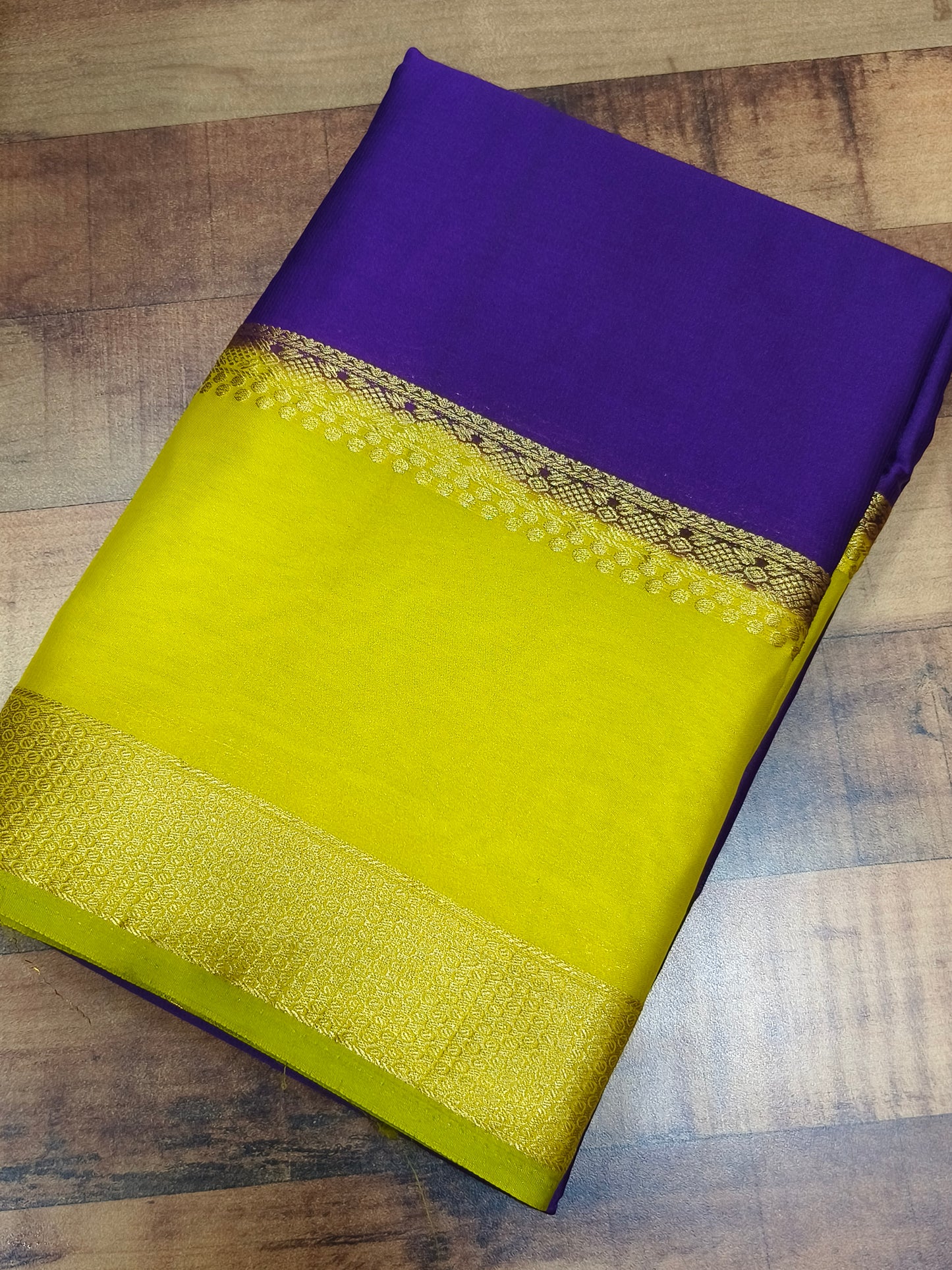 PURPLE WITH GREEN SEMI MYSORE CREPE SILK