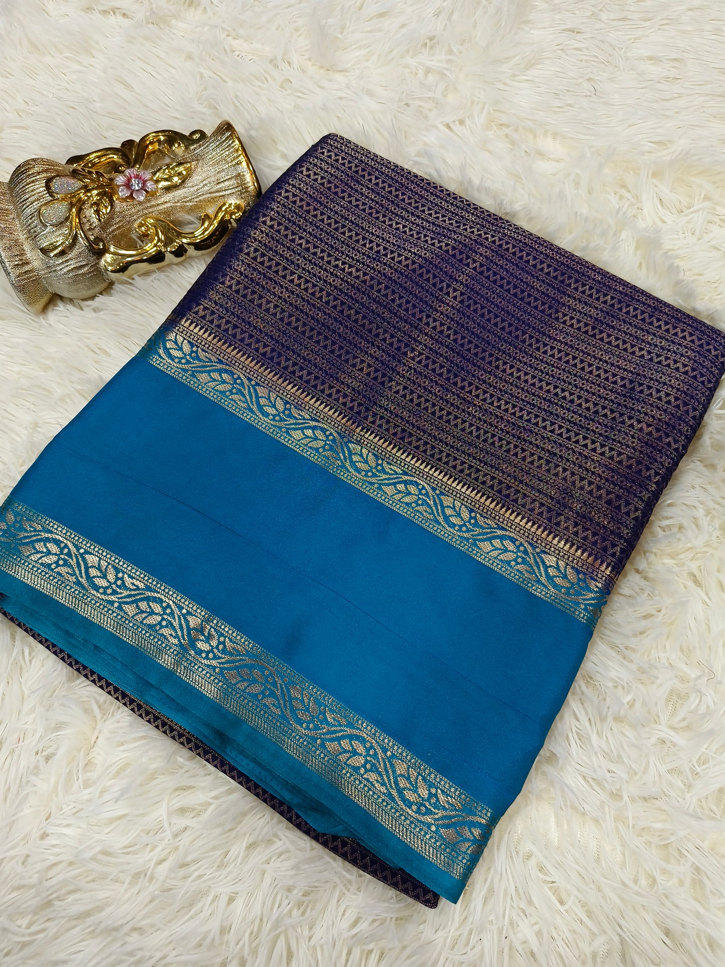 Navy blue with teal blue brocade silk saree