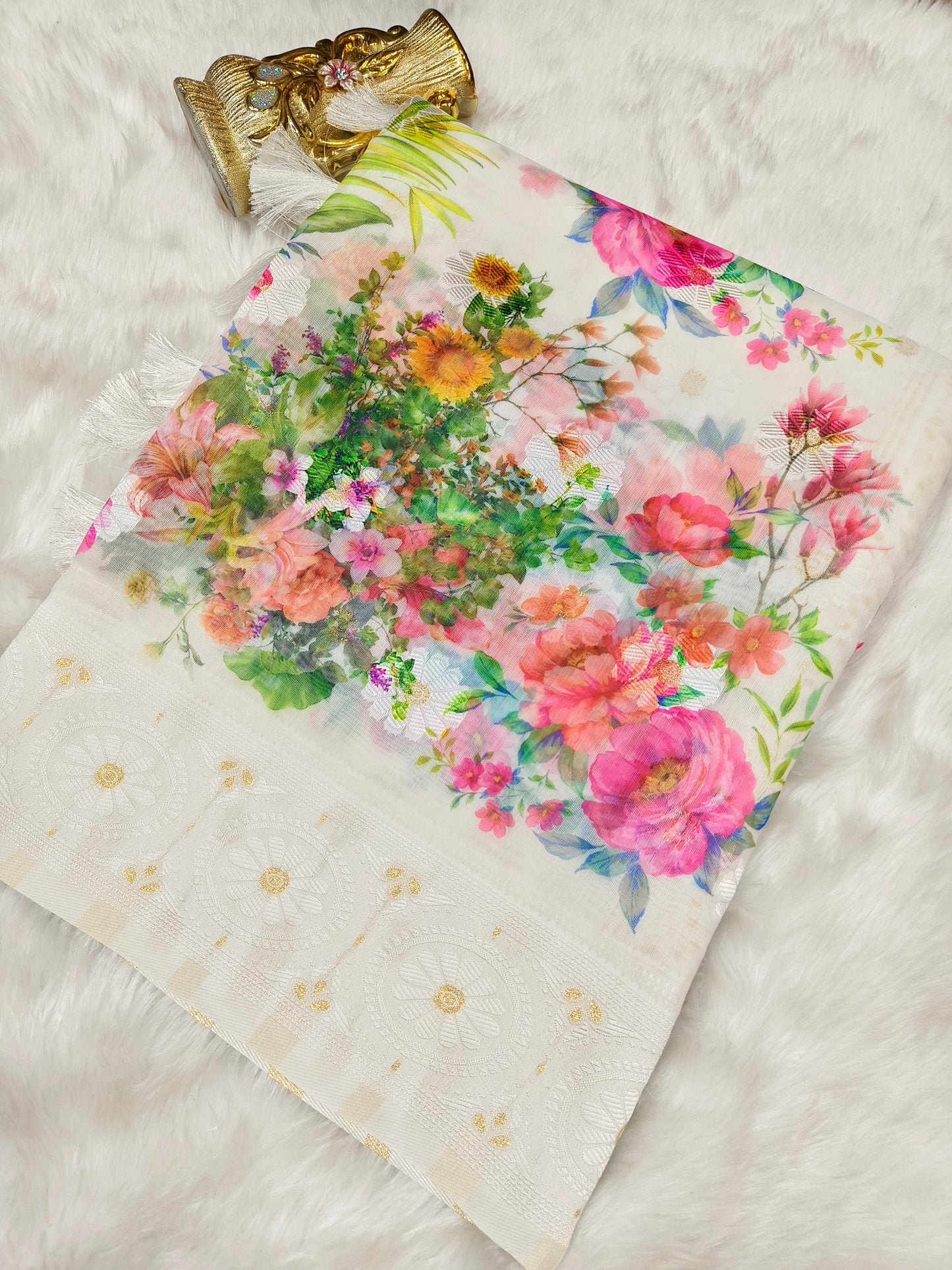 White Linen silk saree
