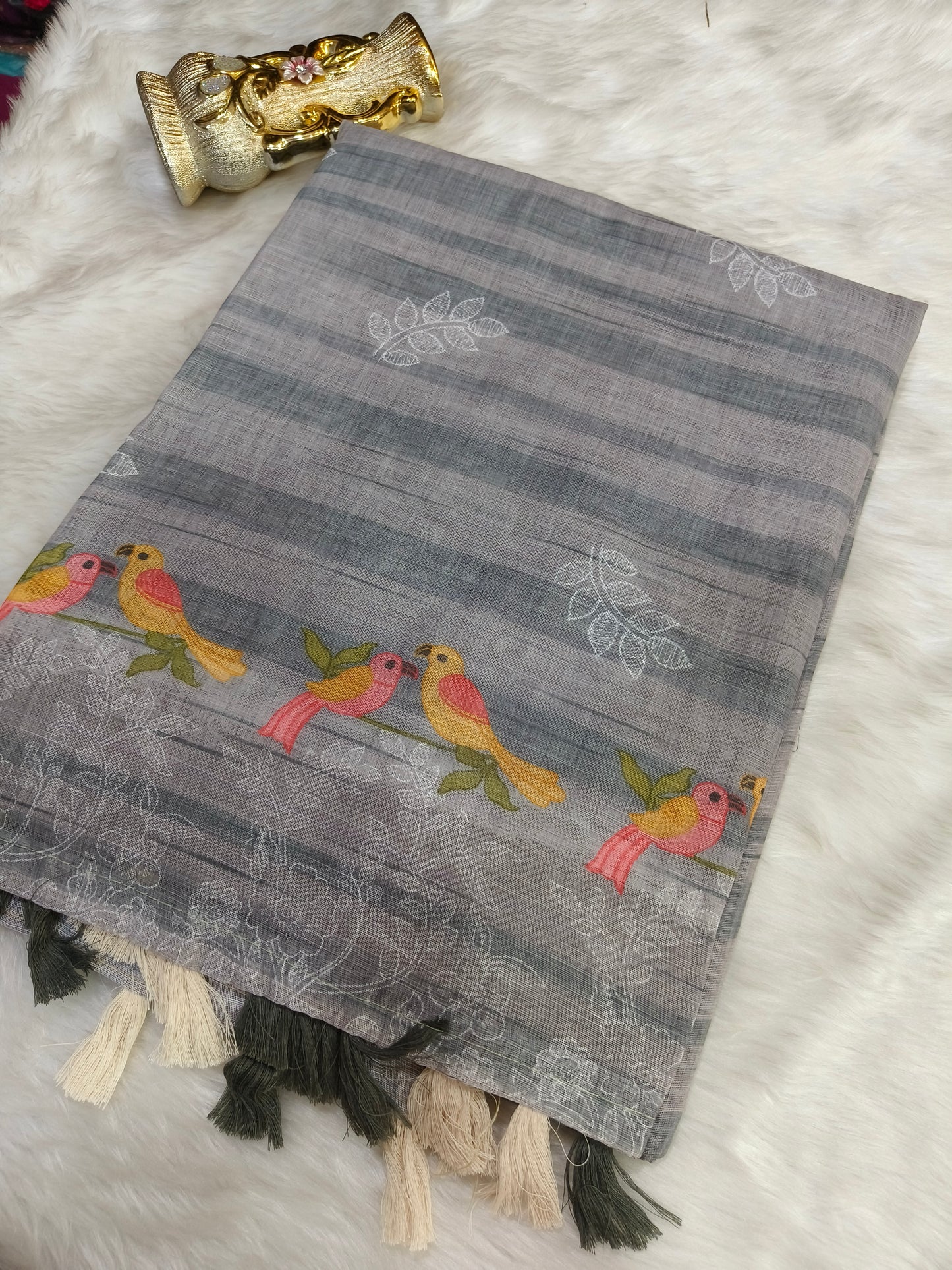 Gray Lenin silk Saree