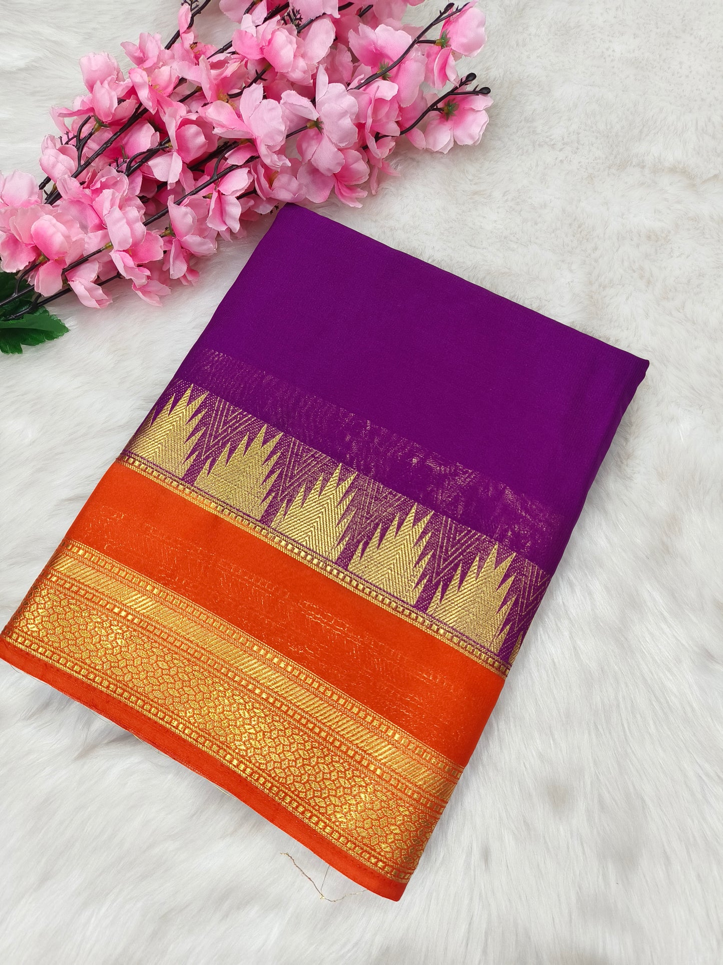 Purple With Orange semi Mysore crepe silk saree