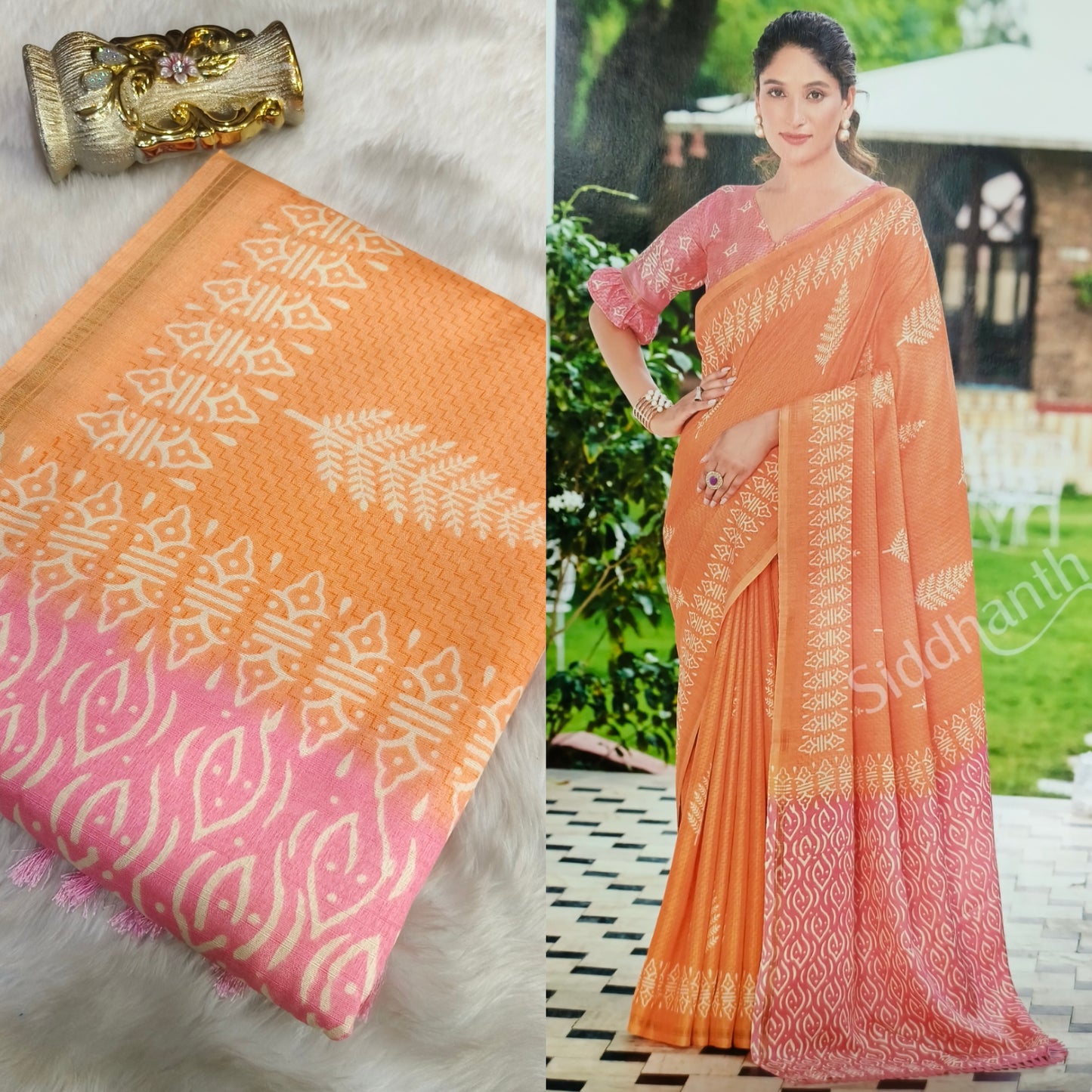 Peach Soft tussar silk saree