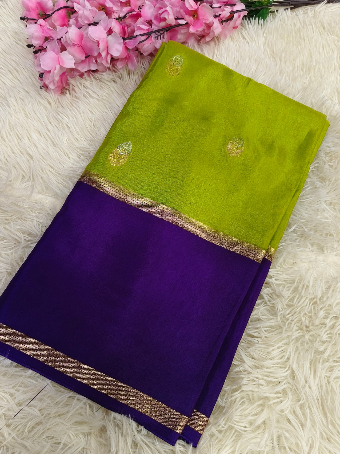 Green with purple Munga silk saree