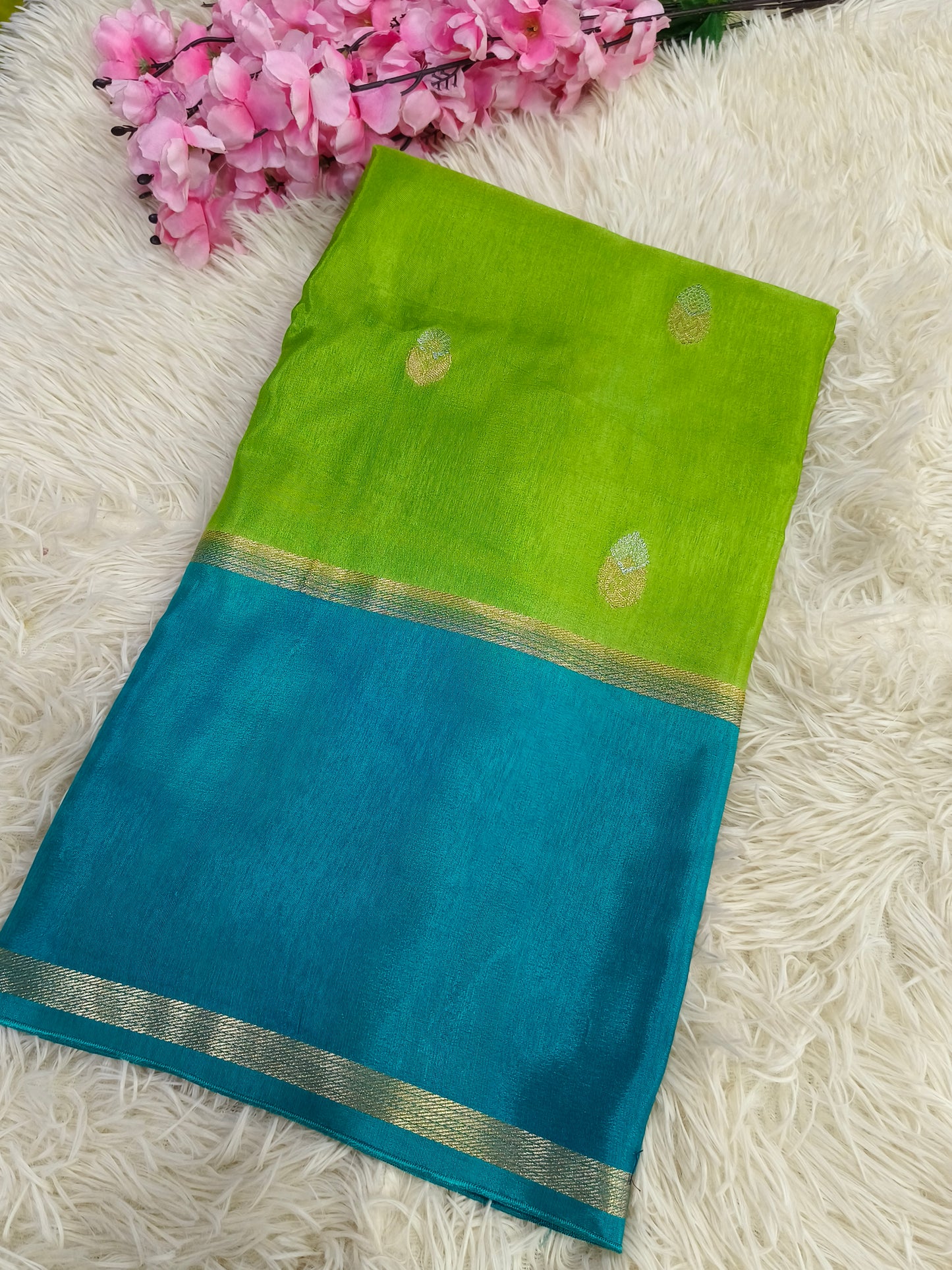 Green With Sky Blue Munga silk saree