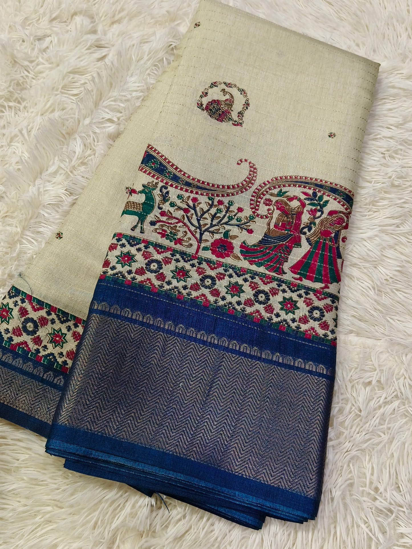 Cream with blueLenin silk Saree