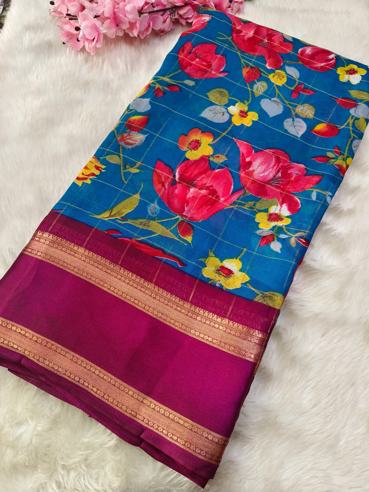 Peacock Blue Soft chinon georgette saree
