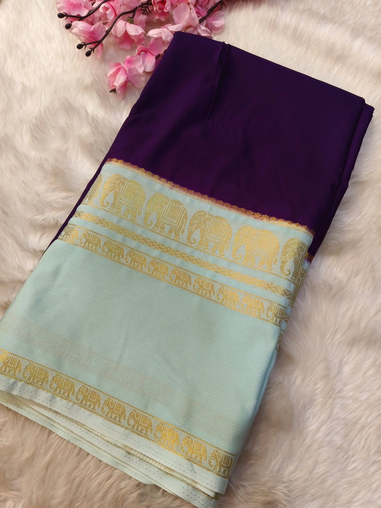 Purple with light blue semi Mysore crepe silk saree