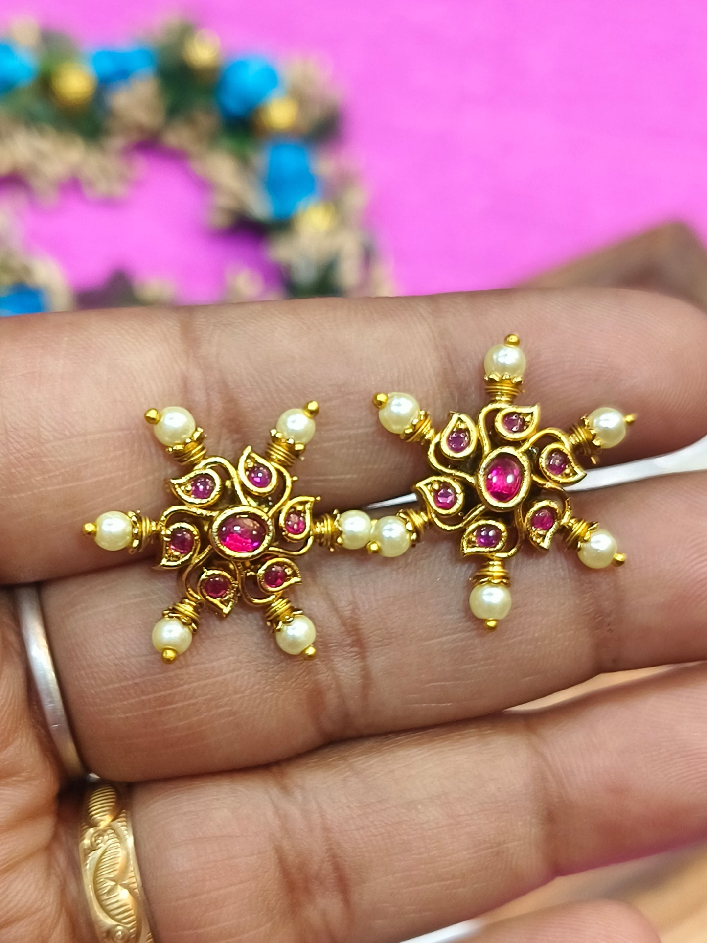 Pearl with Ruby stone gold plated stud