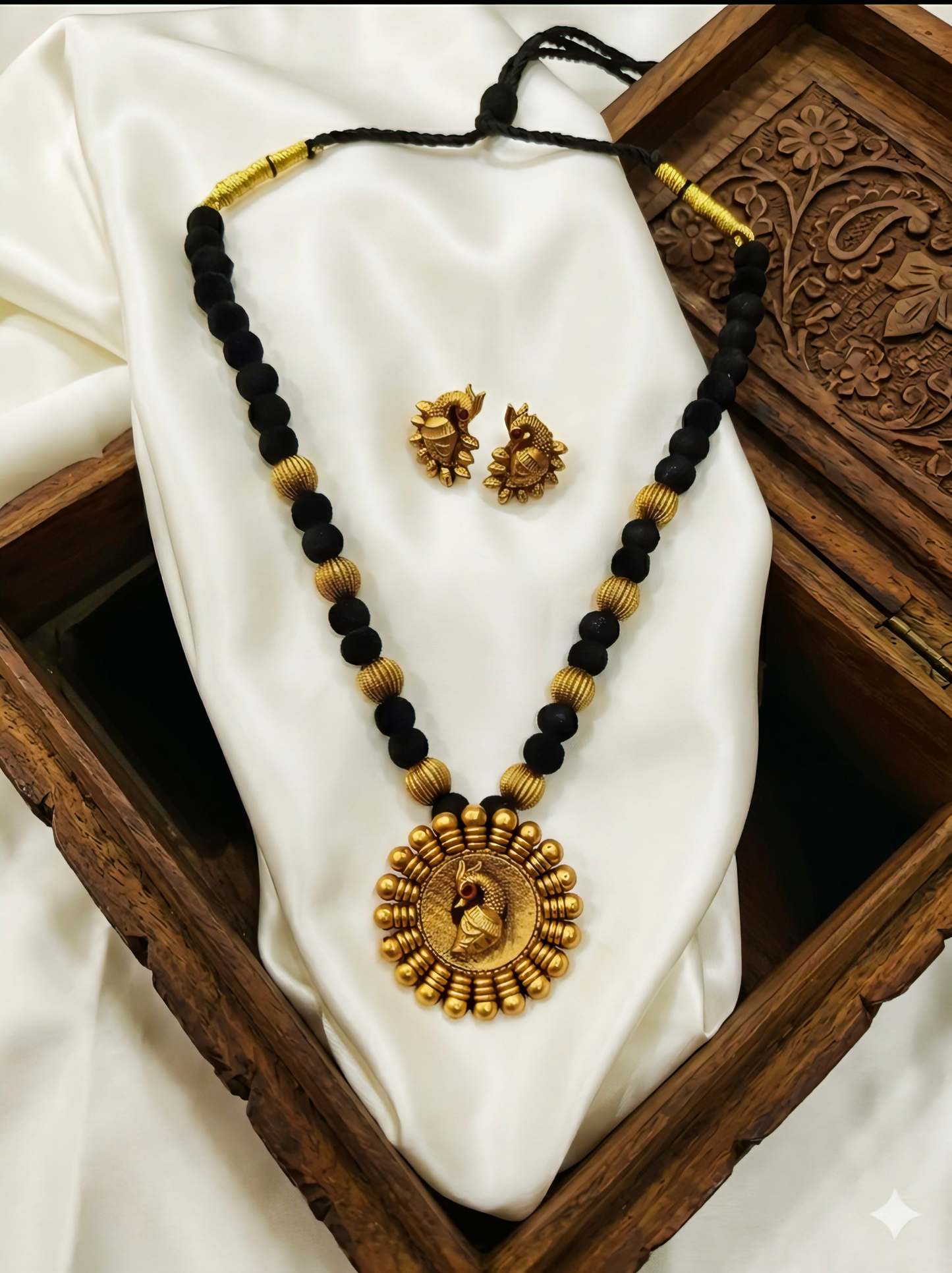 Matte finish black thread Ruby stone necklace set