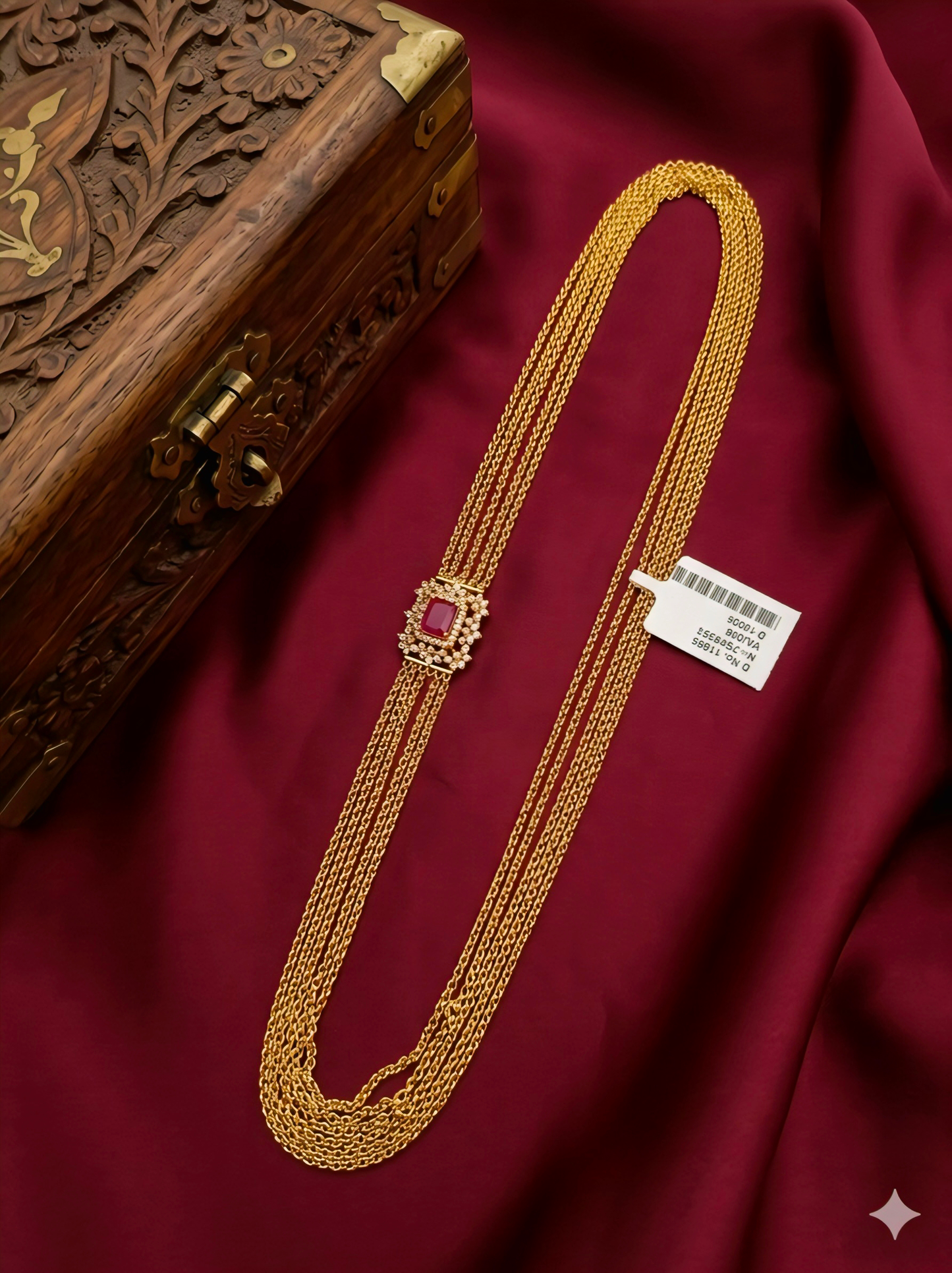 Multi layer gold plated chandraharam with ruby floral pendant