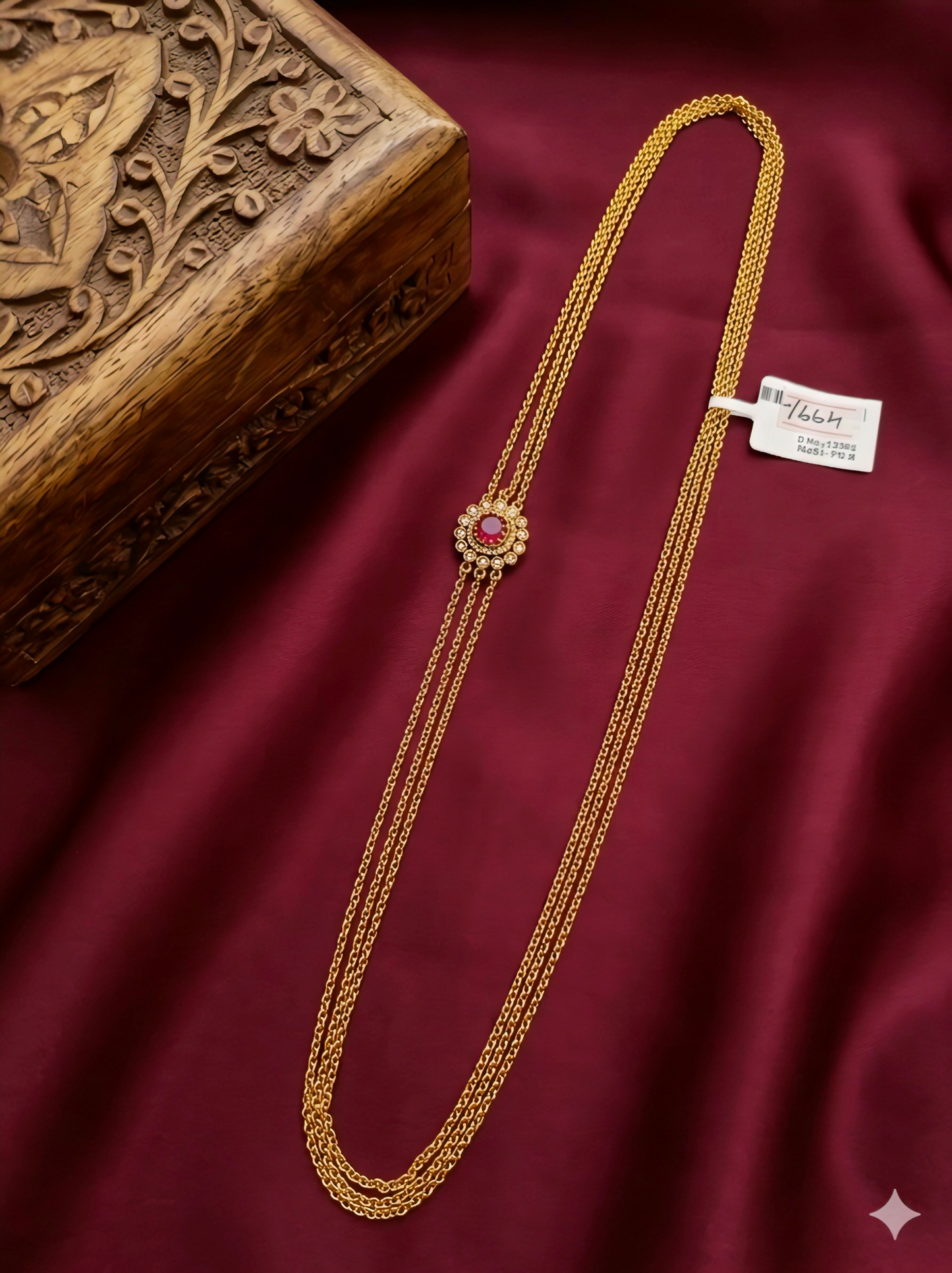 Multi layer gold plated chandraharam with ruby floral pendant