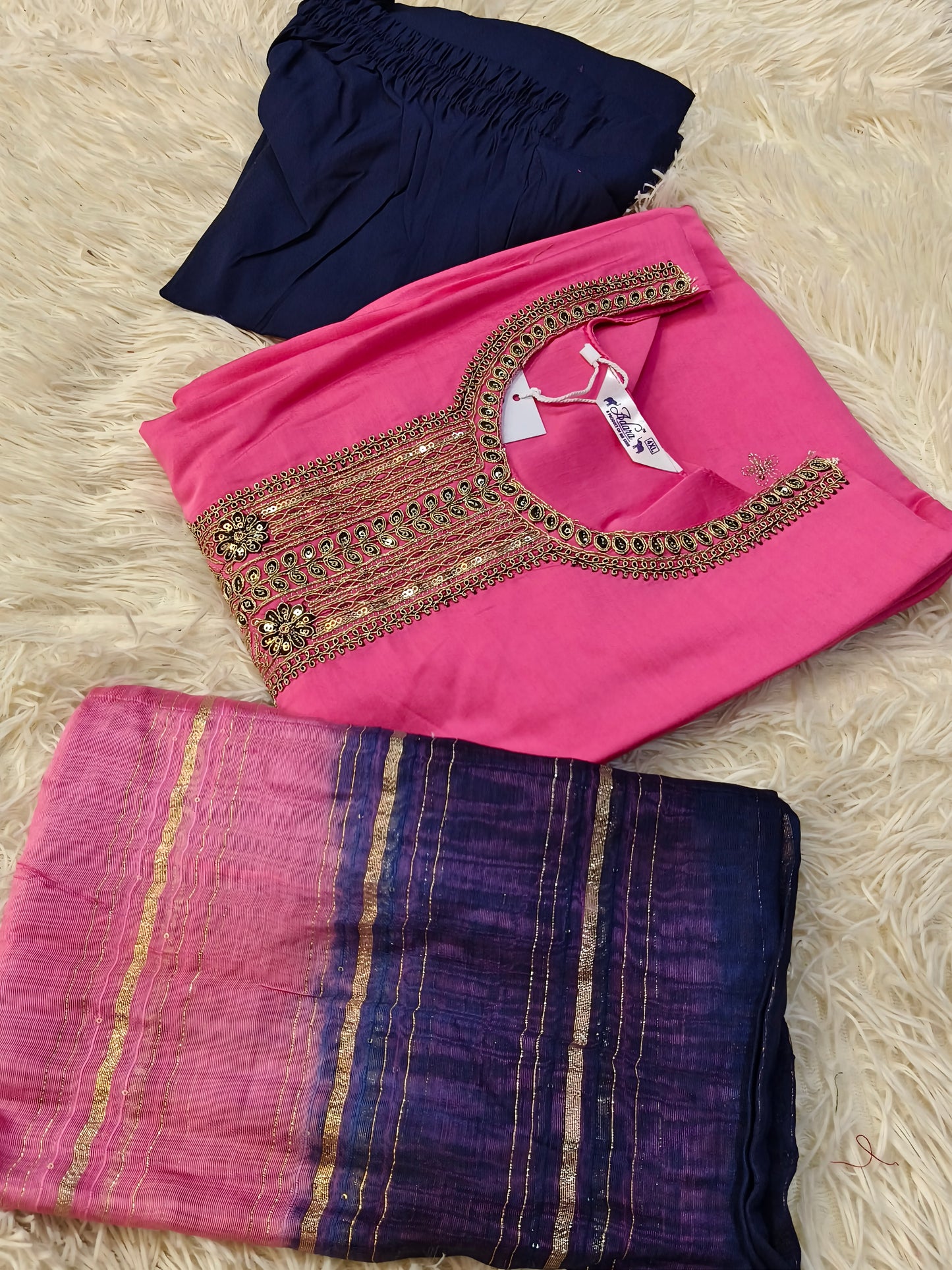 Rose pink with navy blue Designer straight cut suit