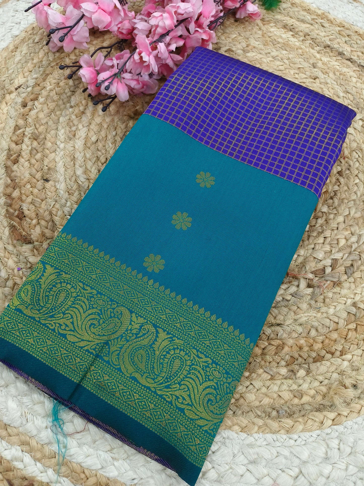 Purple with Rama Green semi silk saree