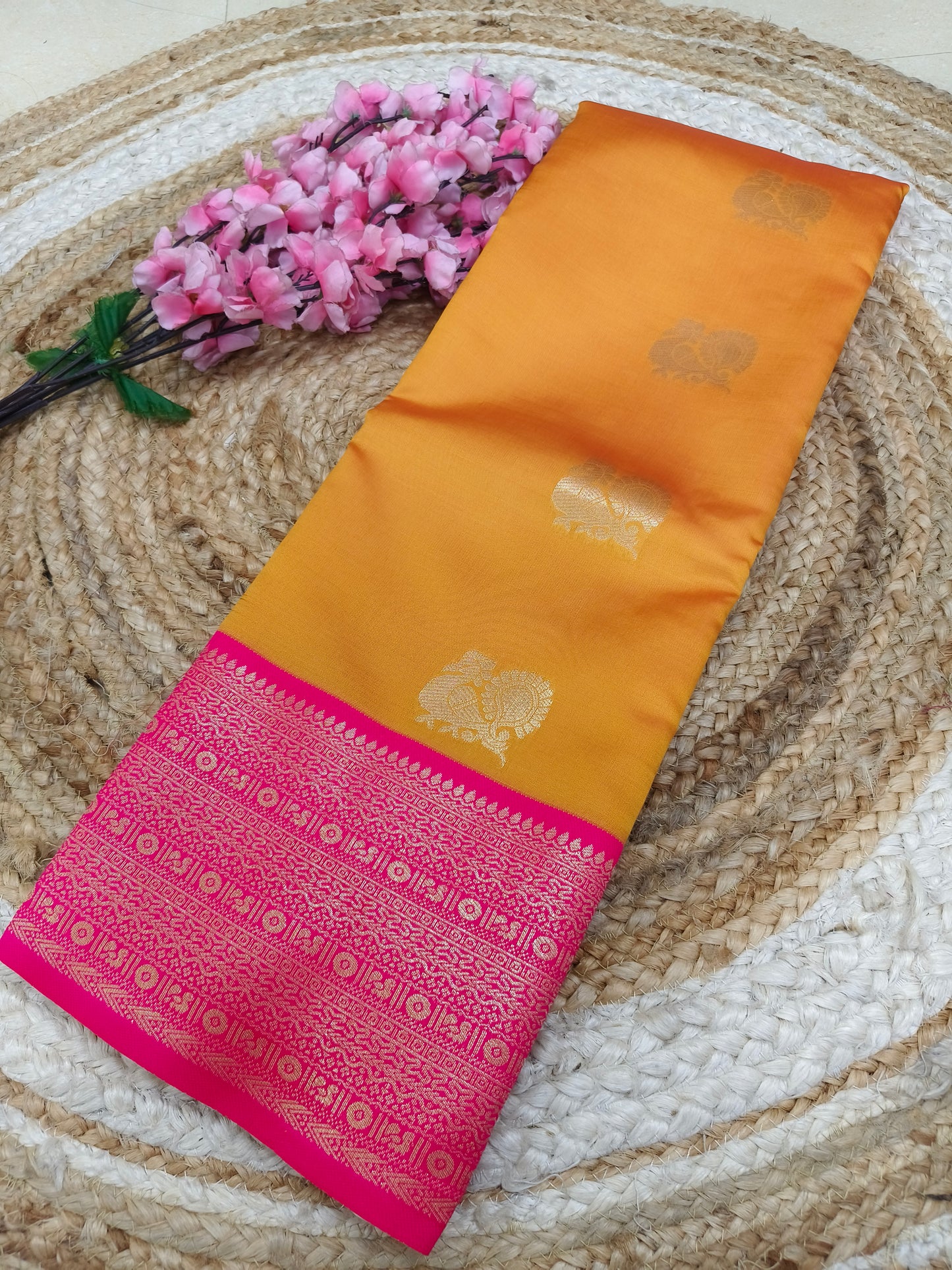 Yellow With Pink Semi silk saree