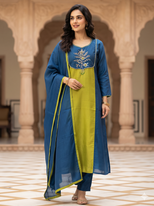 Elegant soft green with blue Malchanderi A - Line suits
