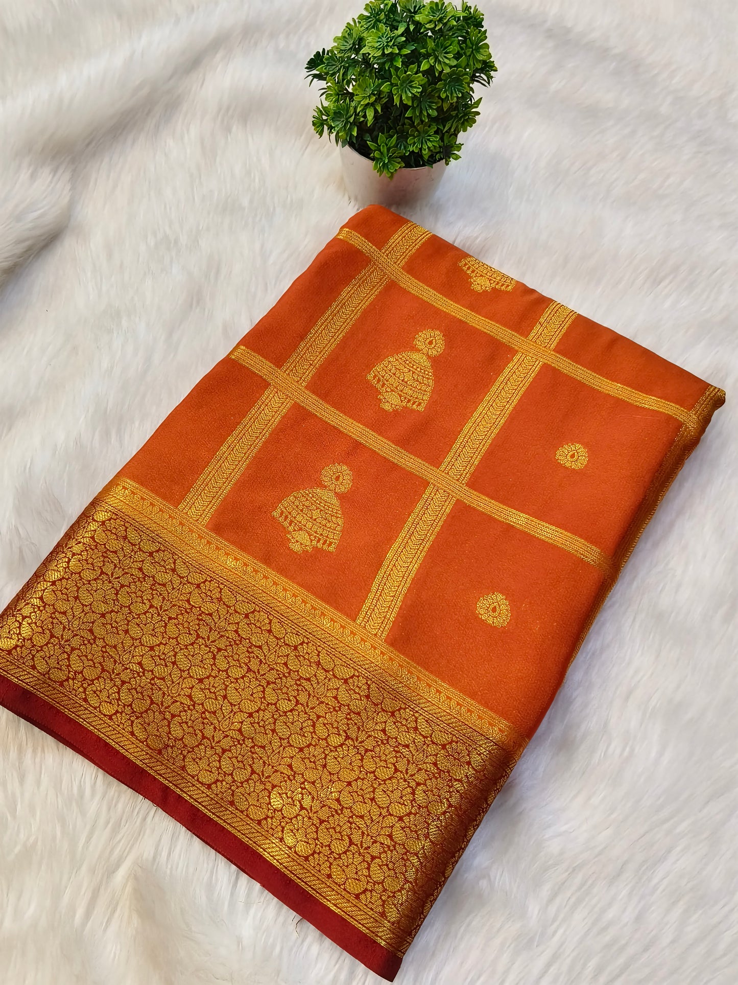 Rustic Orange with Maroon semi Mysore crepe silk saree