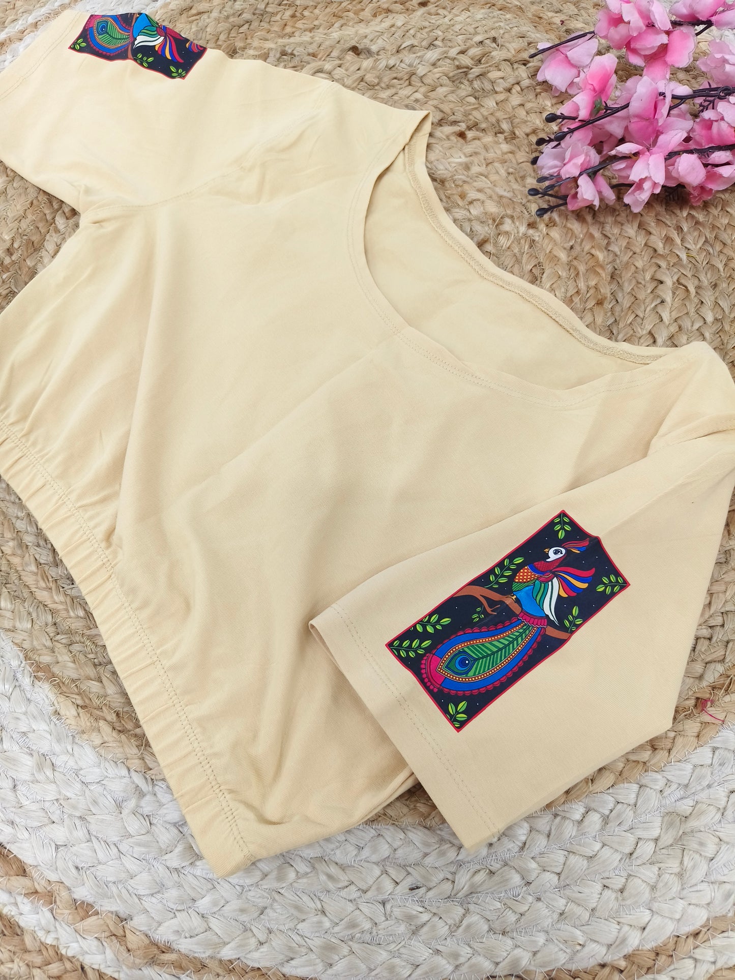 Cream Stretchable blouse with unique printed design