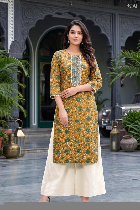 Elegant Mustard & Green Printed Ethnic Kurti Set