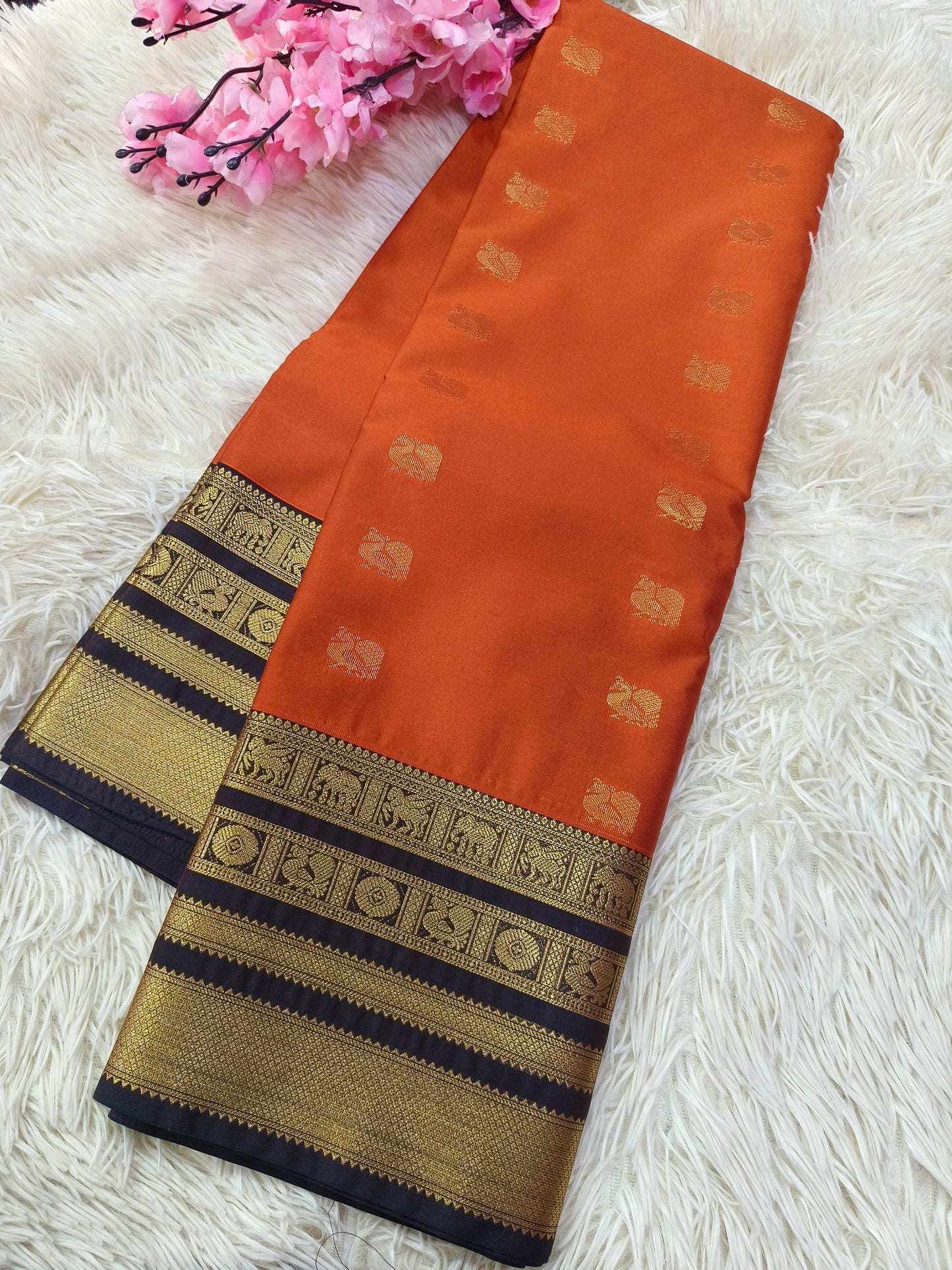 Rustic Orange With Black Semi kanjivaram silk saree