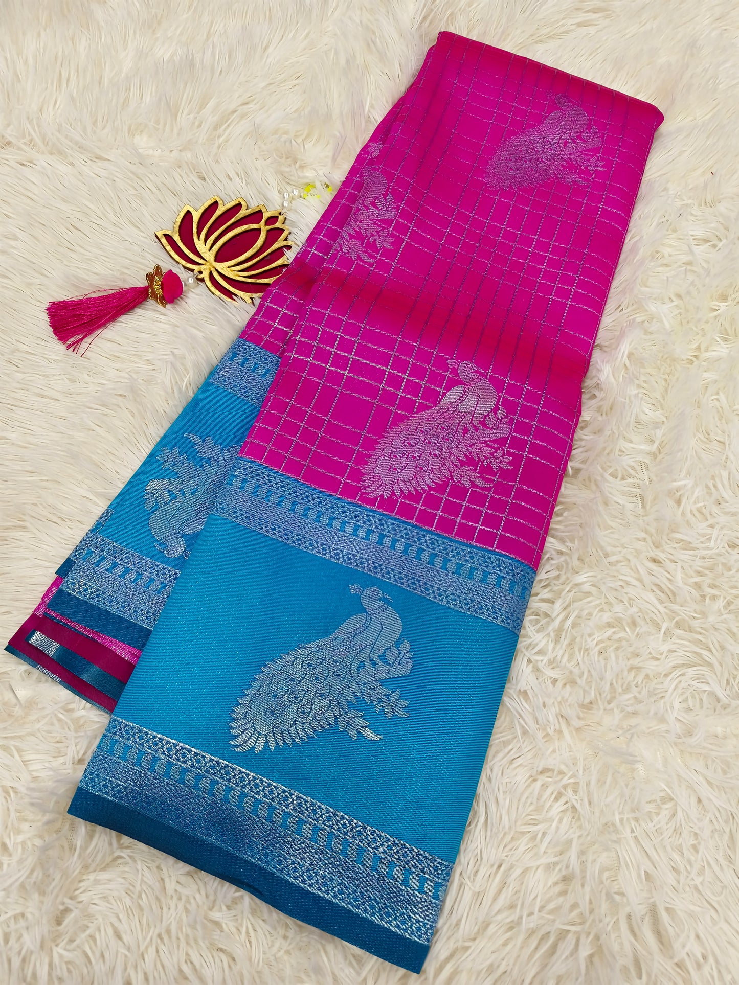Rani pink aqua blue Mercidised silk saree