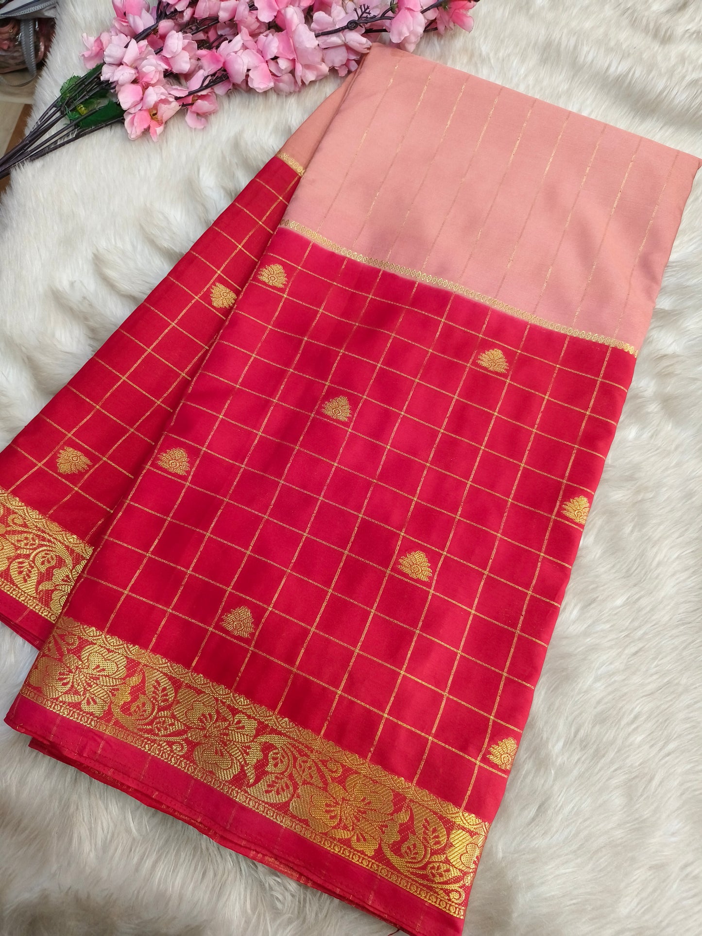 Peach With Pink Semi Mysore crepe silk saree