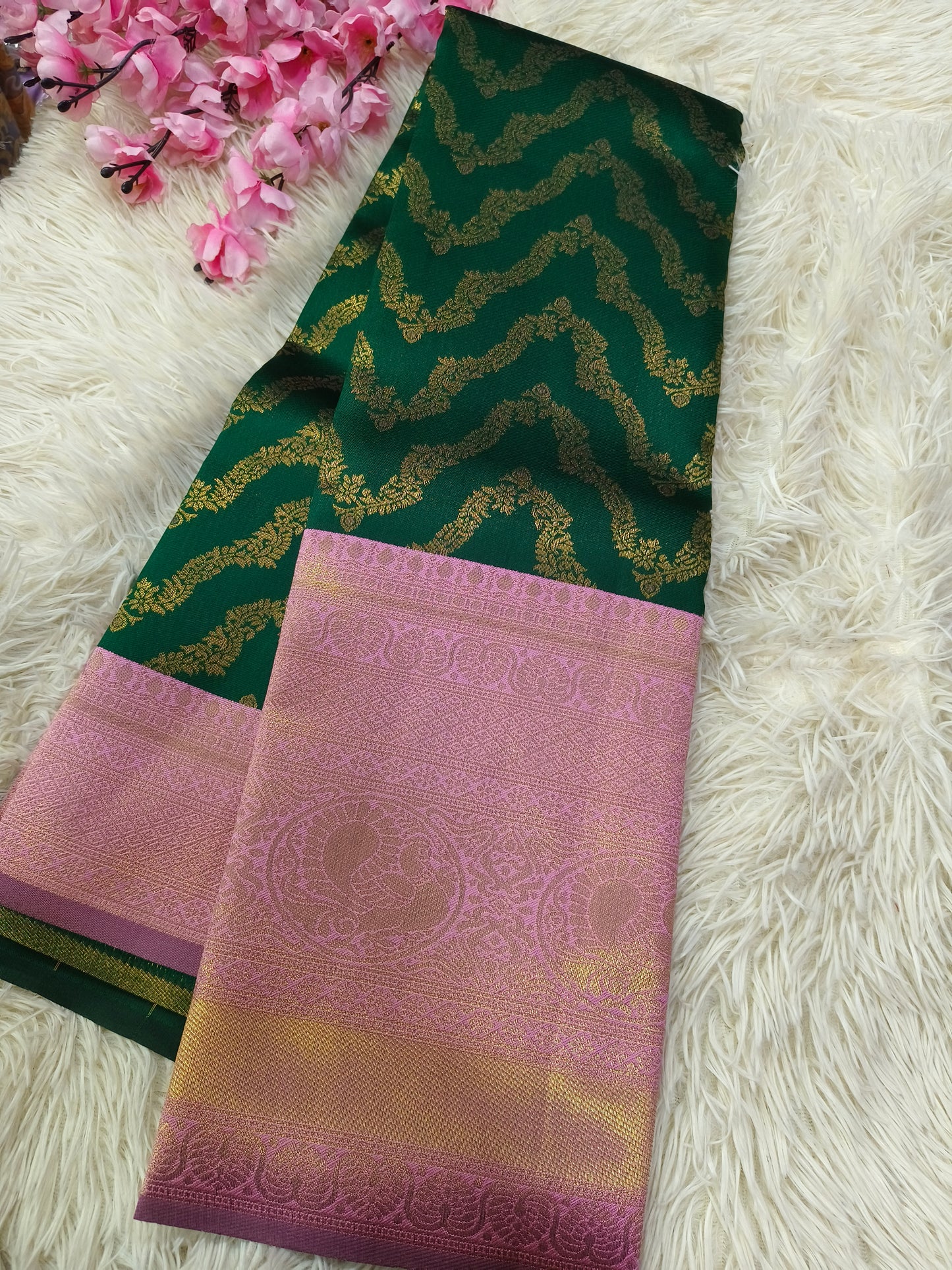 Green with light pink Bridal semi silk saree
