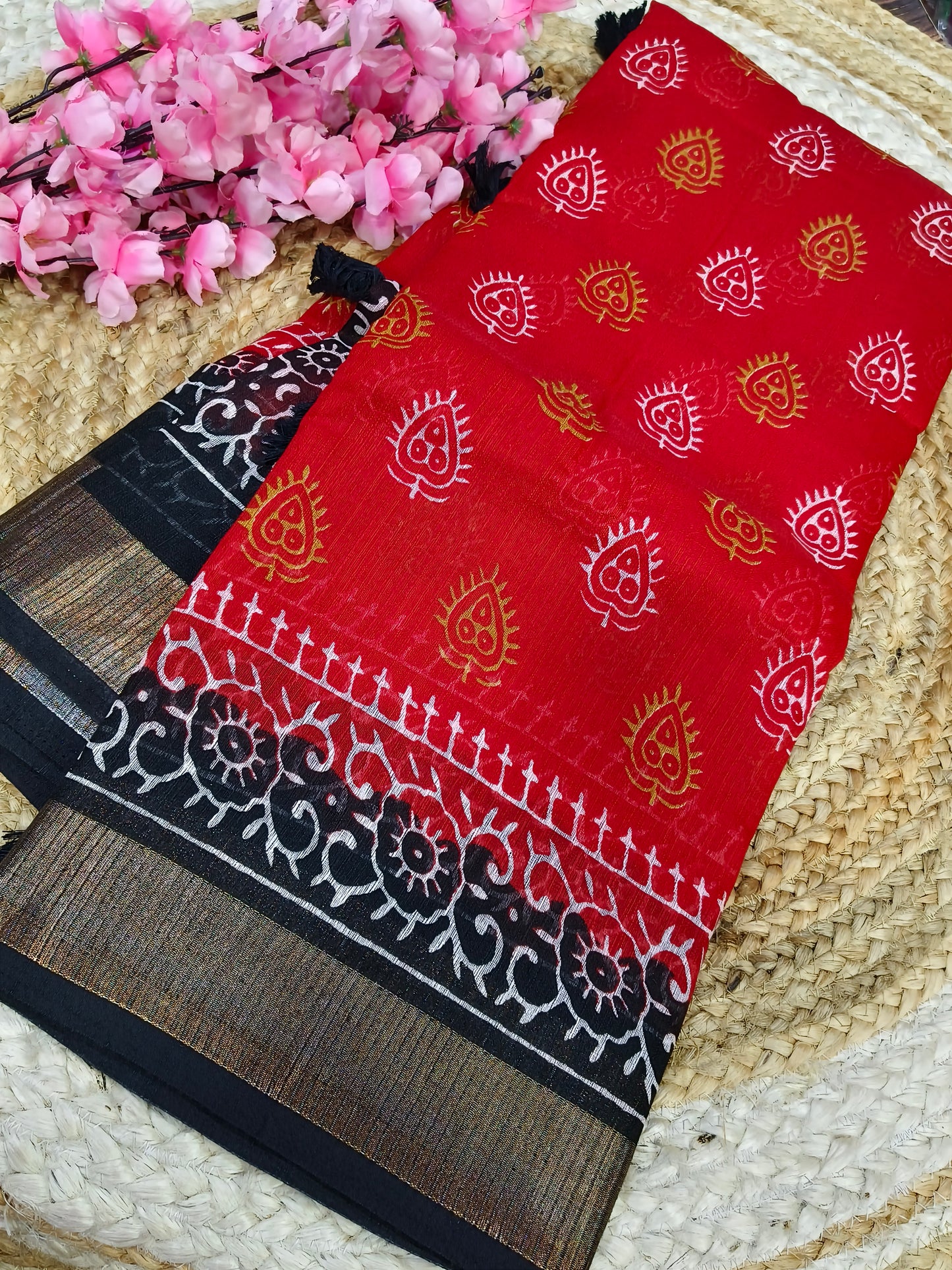 Red With Black Linen Jute saree