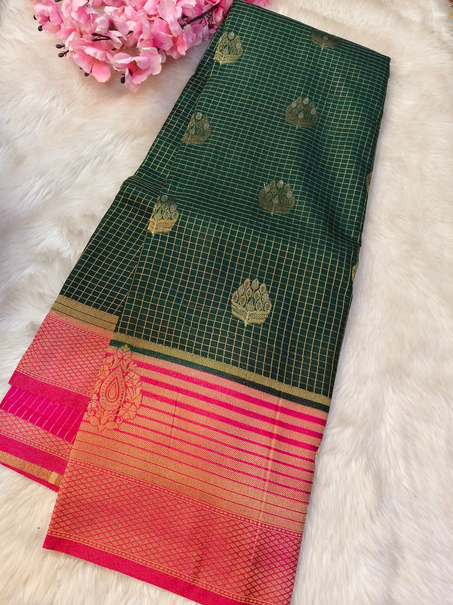 Bottle Green with Pink georgette crepe silk saree