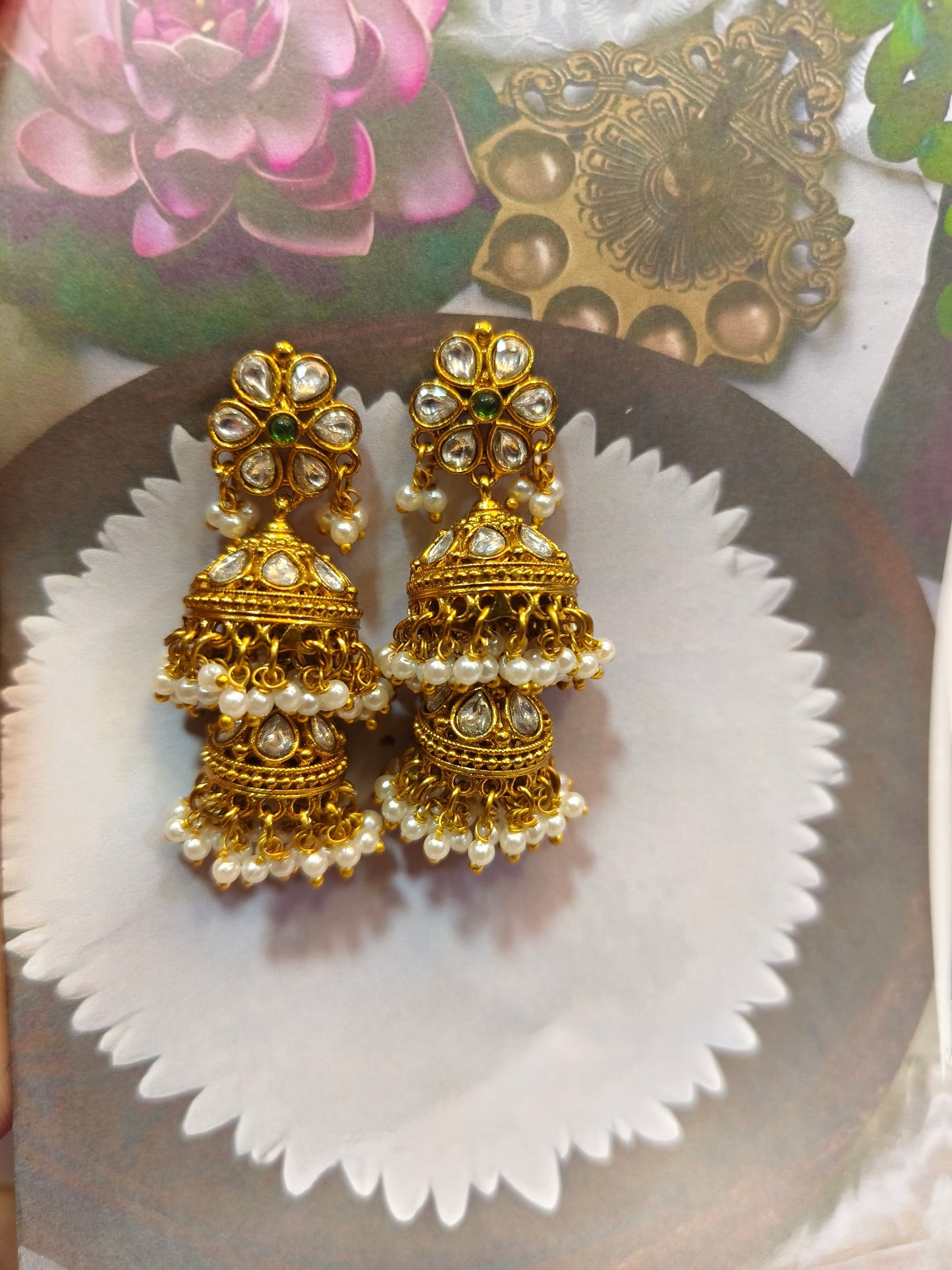 Antique pearl beads with white stone jhumka
