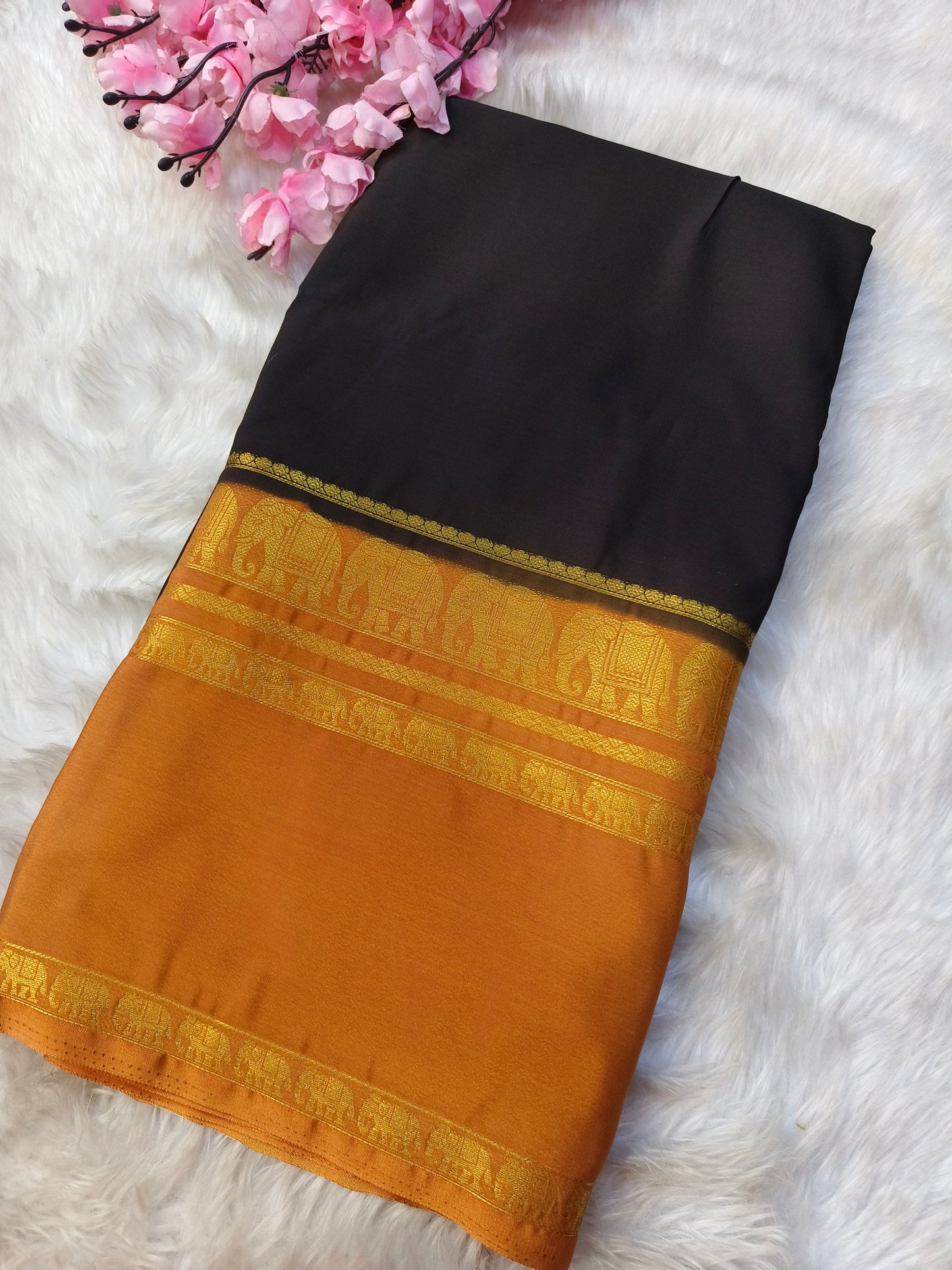 Black With Yellow semi Mysore crepe silk saree