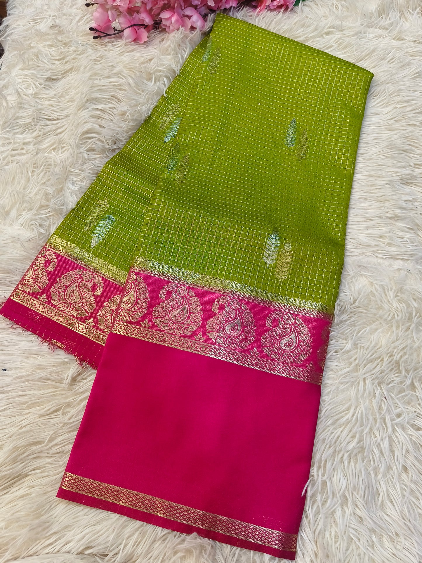Parrot Green With Pink Semi Mysore silk saree