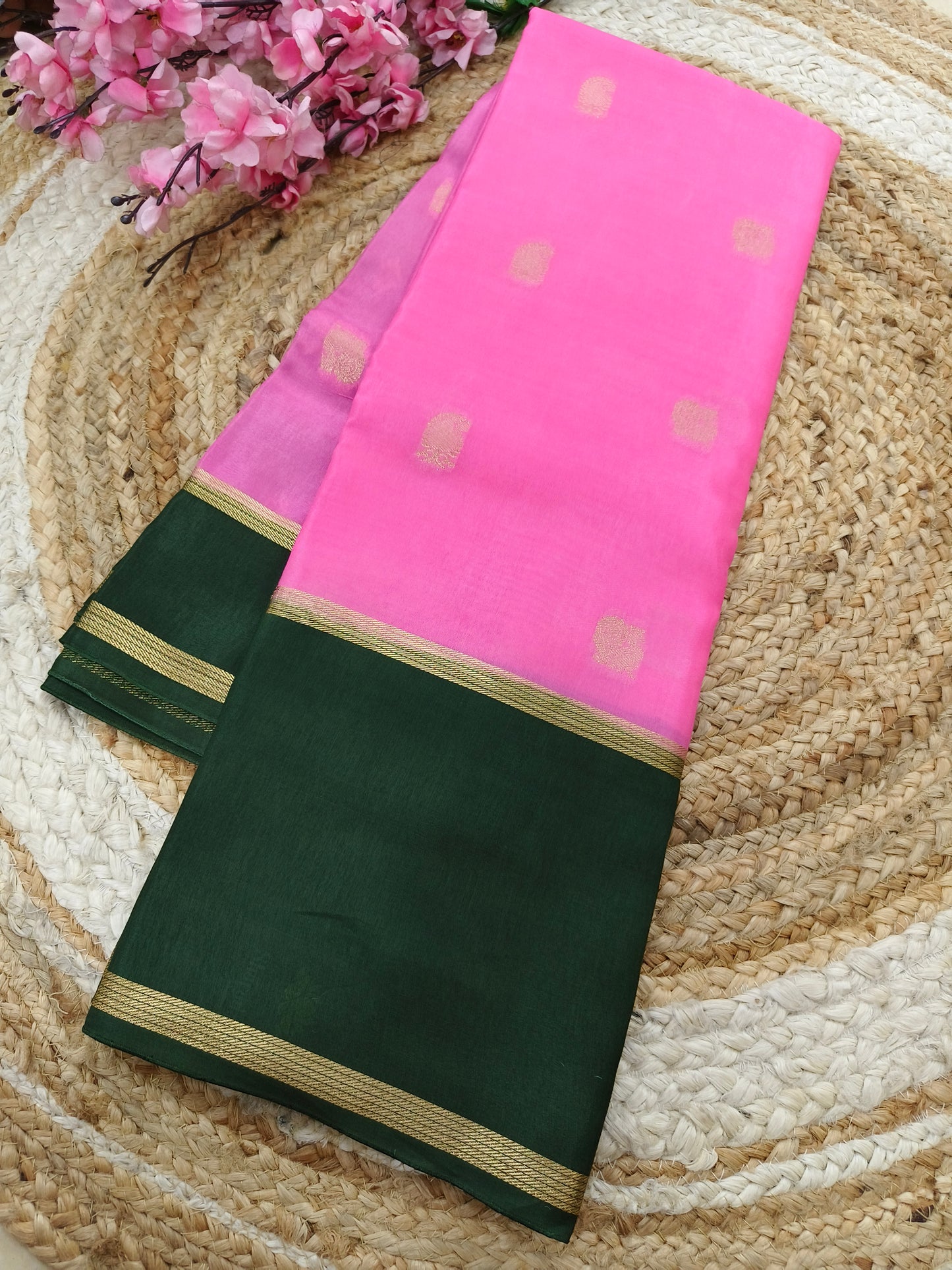 Rose pink with bottle green Munga silk saree