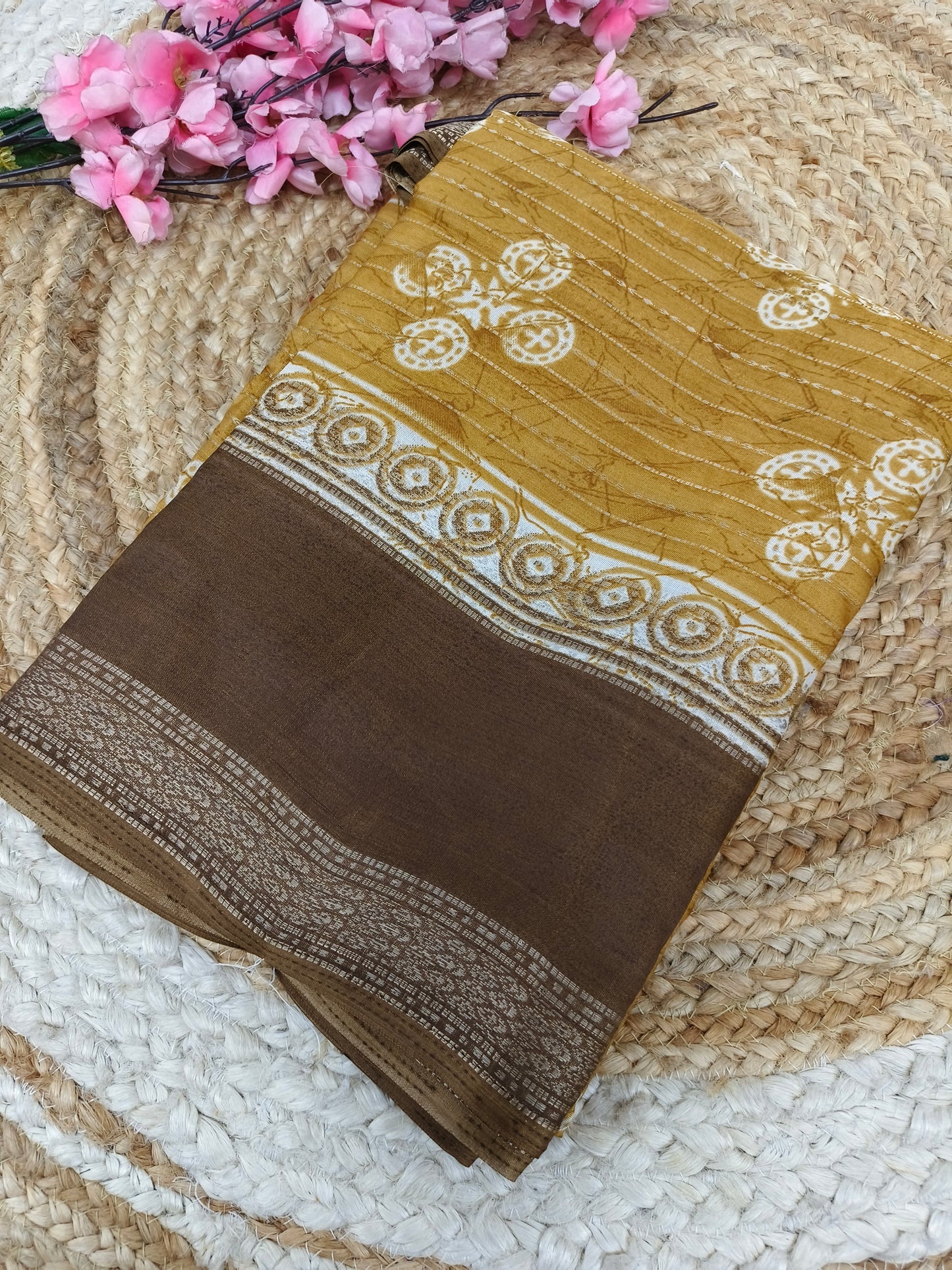 Mustard yellow with brown Dola Silk Saree