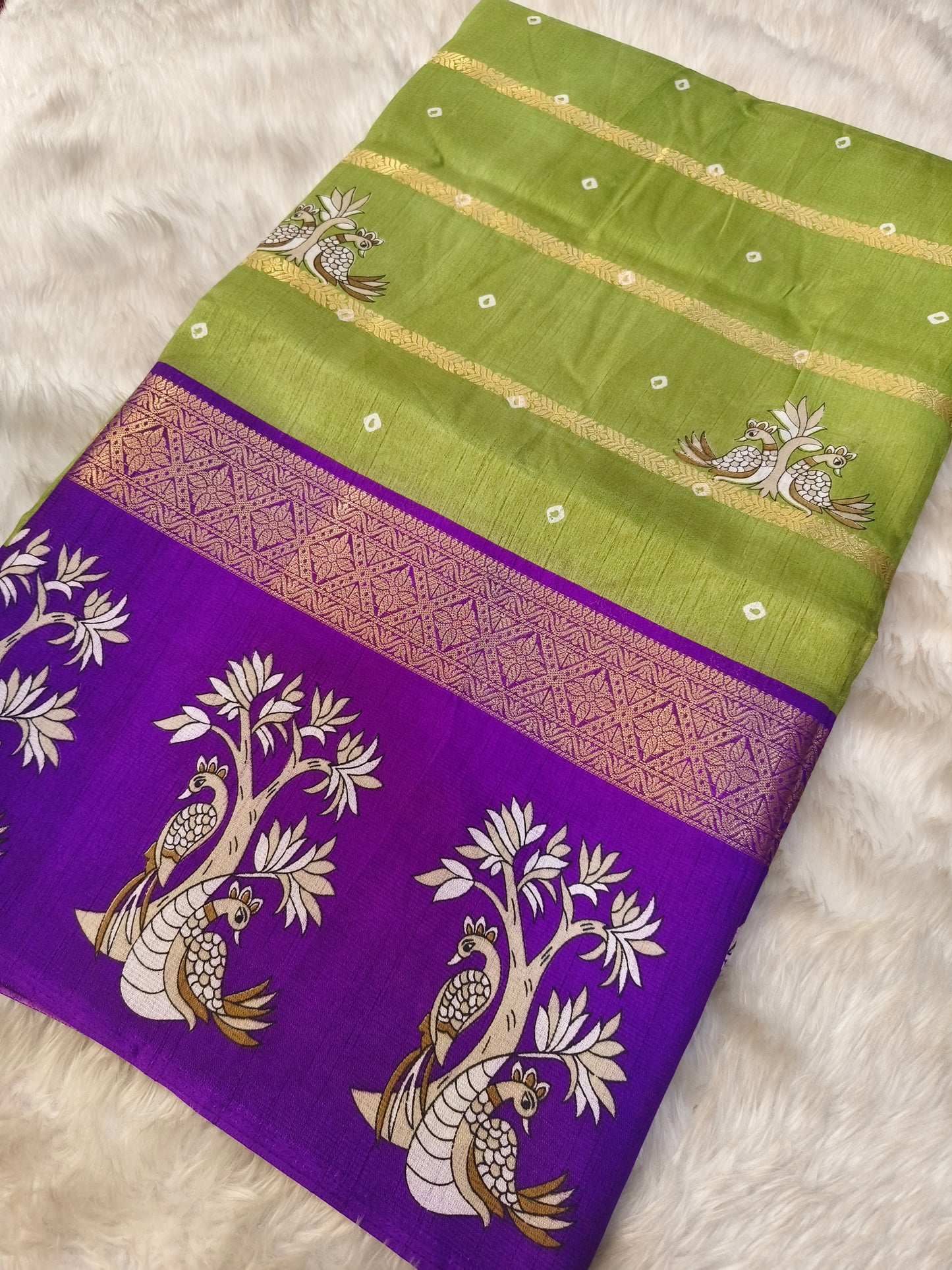 Parrot green with purple dola silk saree