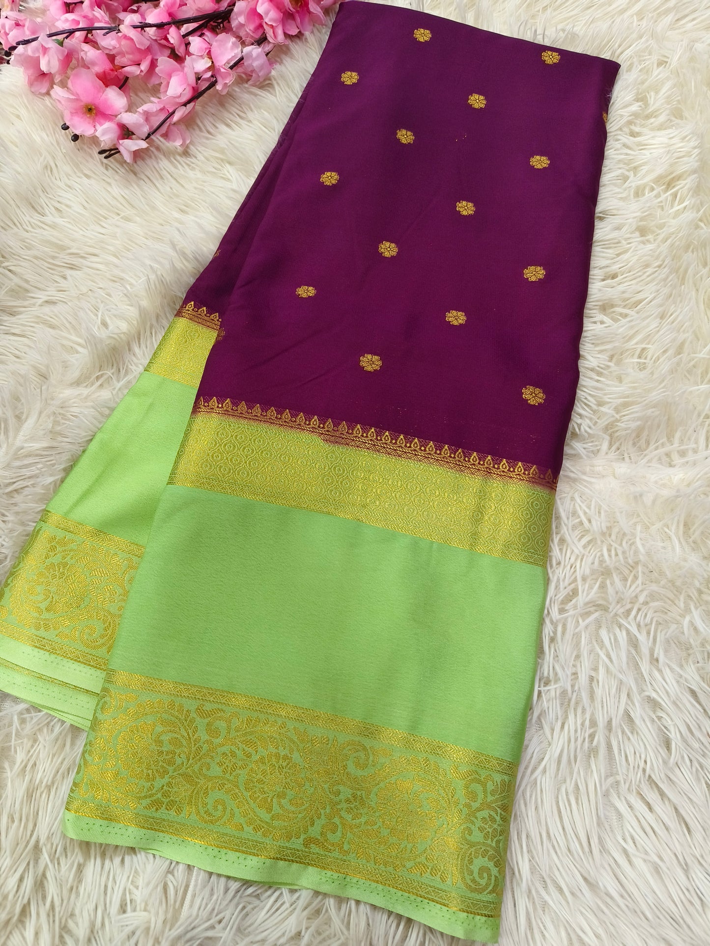 wine with parrot green Semi Mysore crepe silk saree