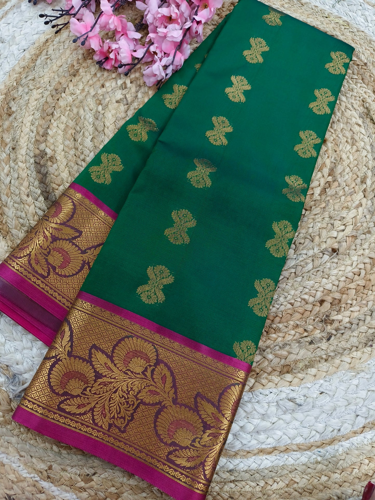 Green with Pink Elegant soft semi kanjivaram silk saree