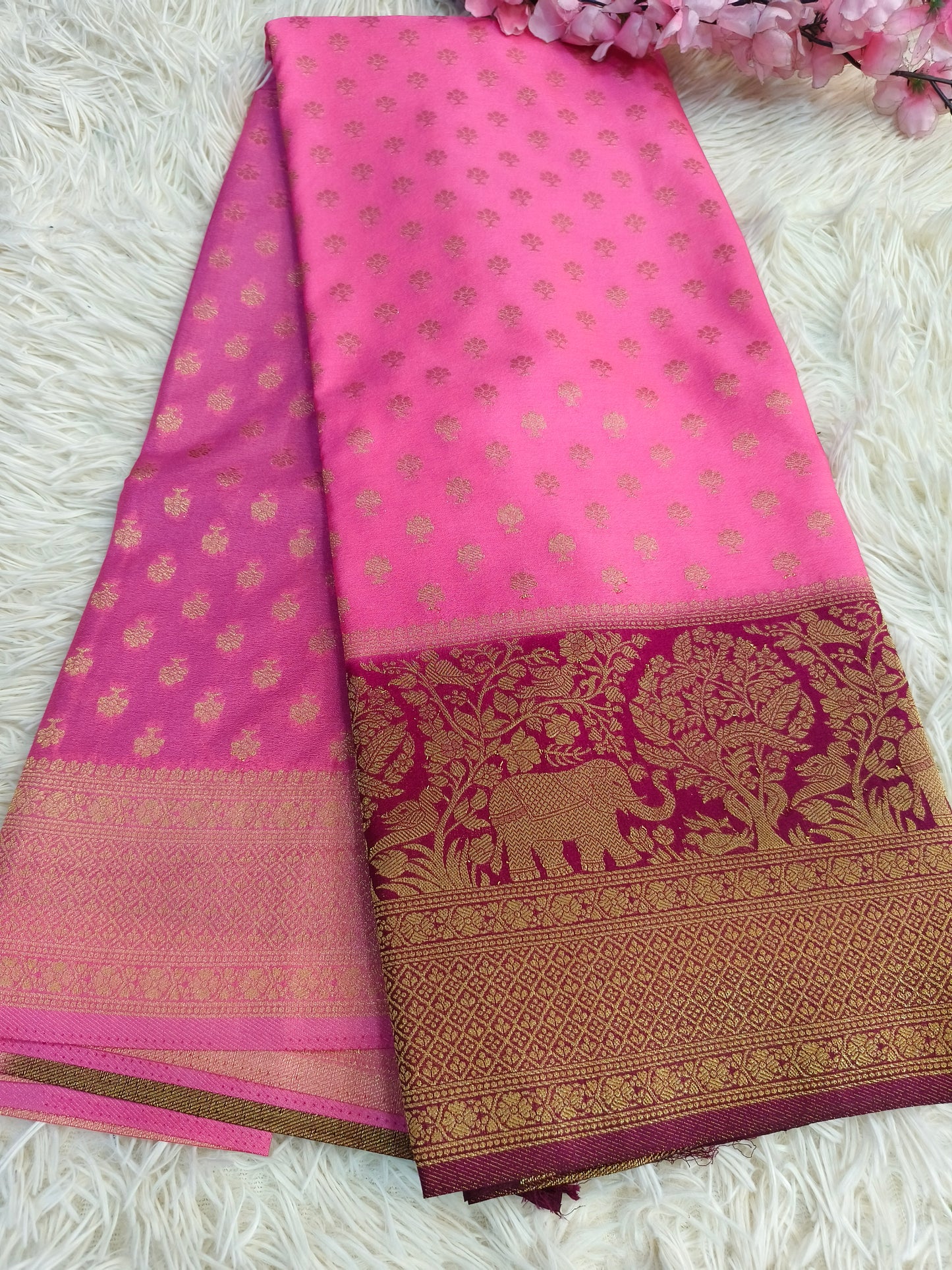 Rose Pink with maroon Banarasi georgette silk saree