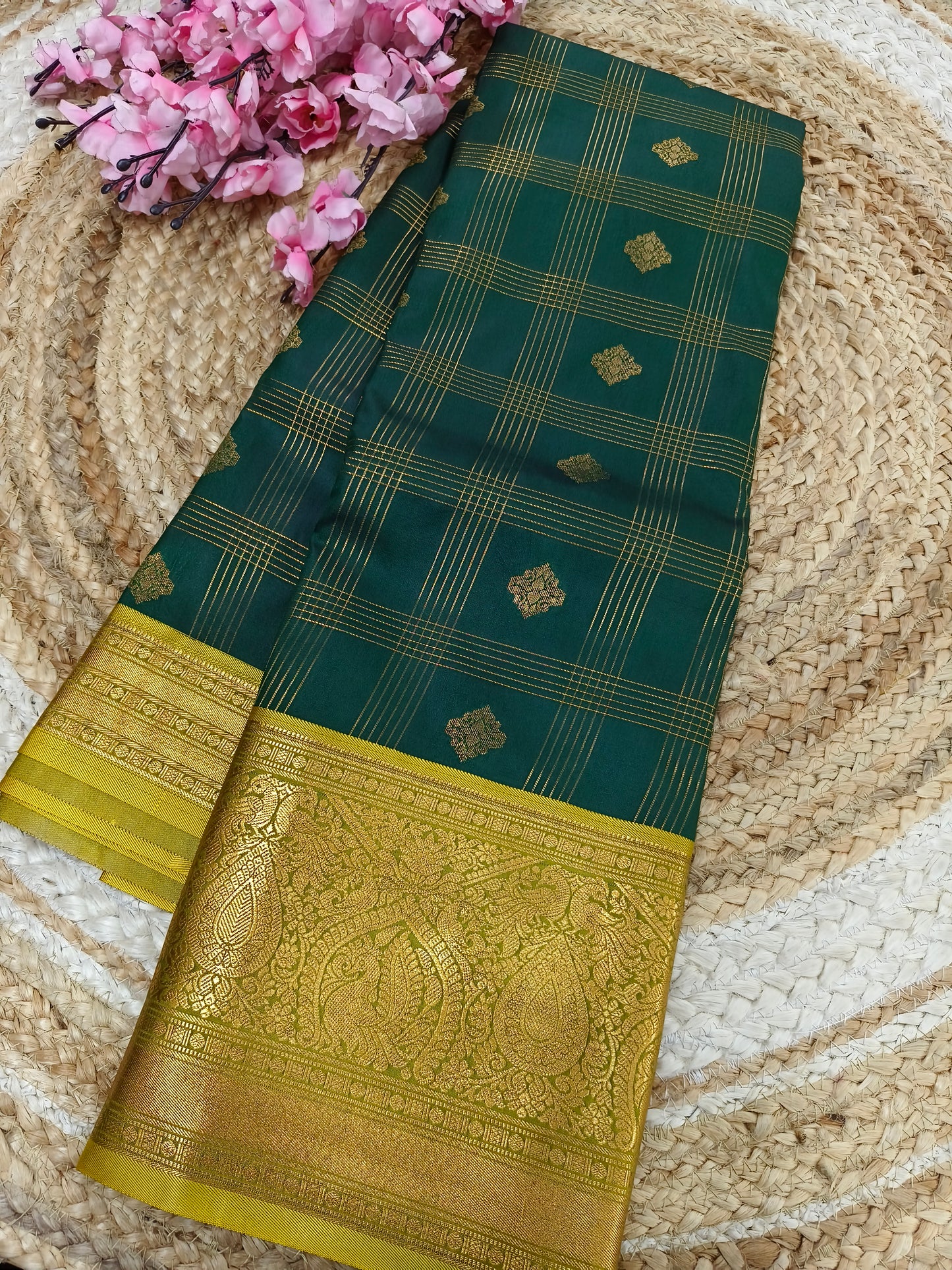 Bottle green with greenish yellow Elegant soft semi kanjivaram silk saree