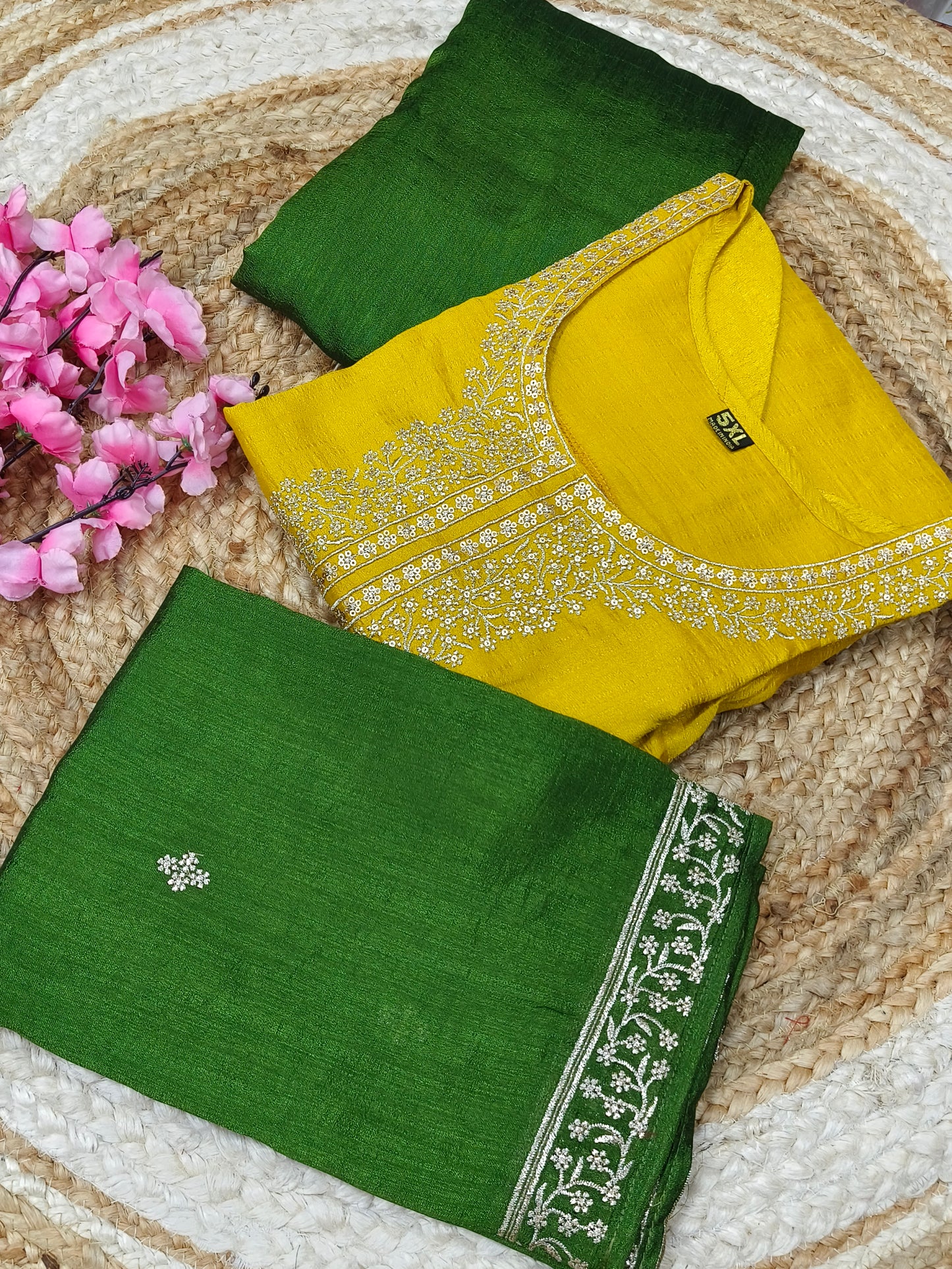 yellow with green designer suit