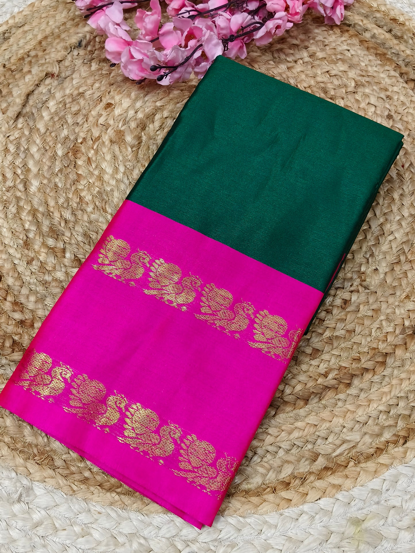 Bottle Green With Pink Gadwal Semi silk saree