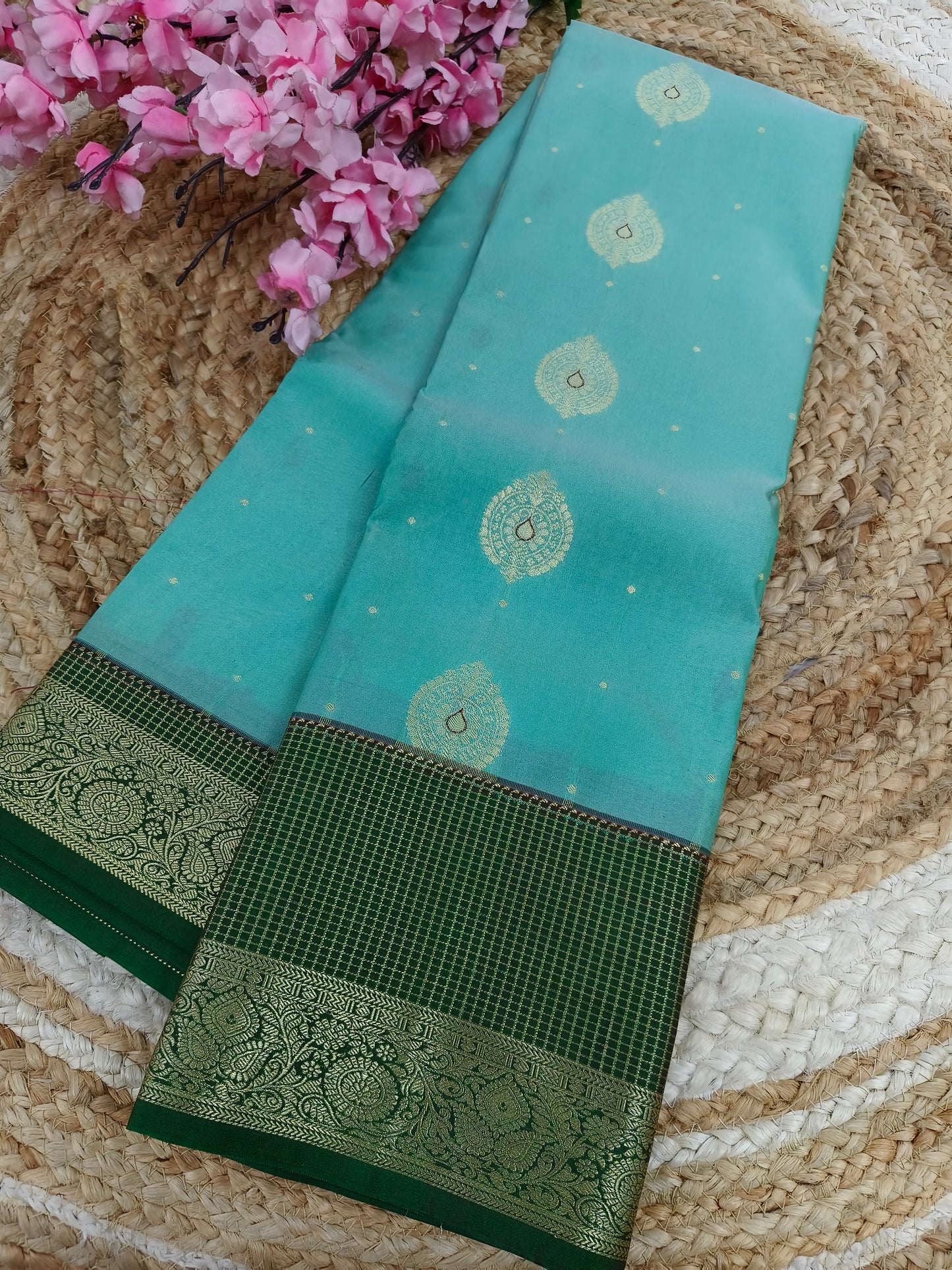 Sky Blue with bottle green Elegant semi kanjivaram silk saree