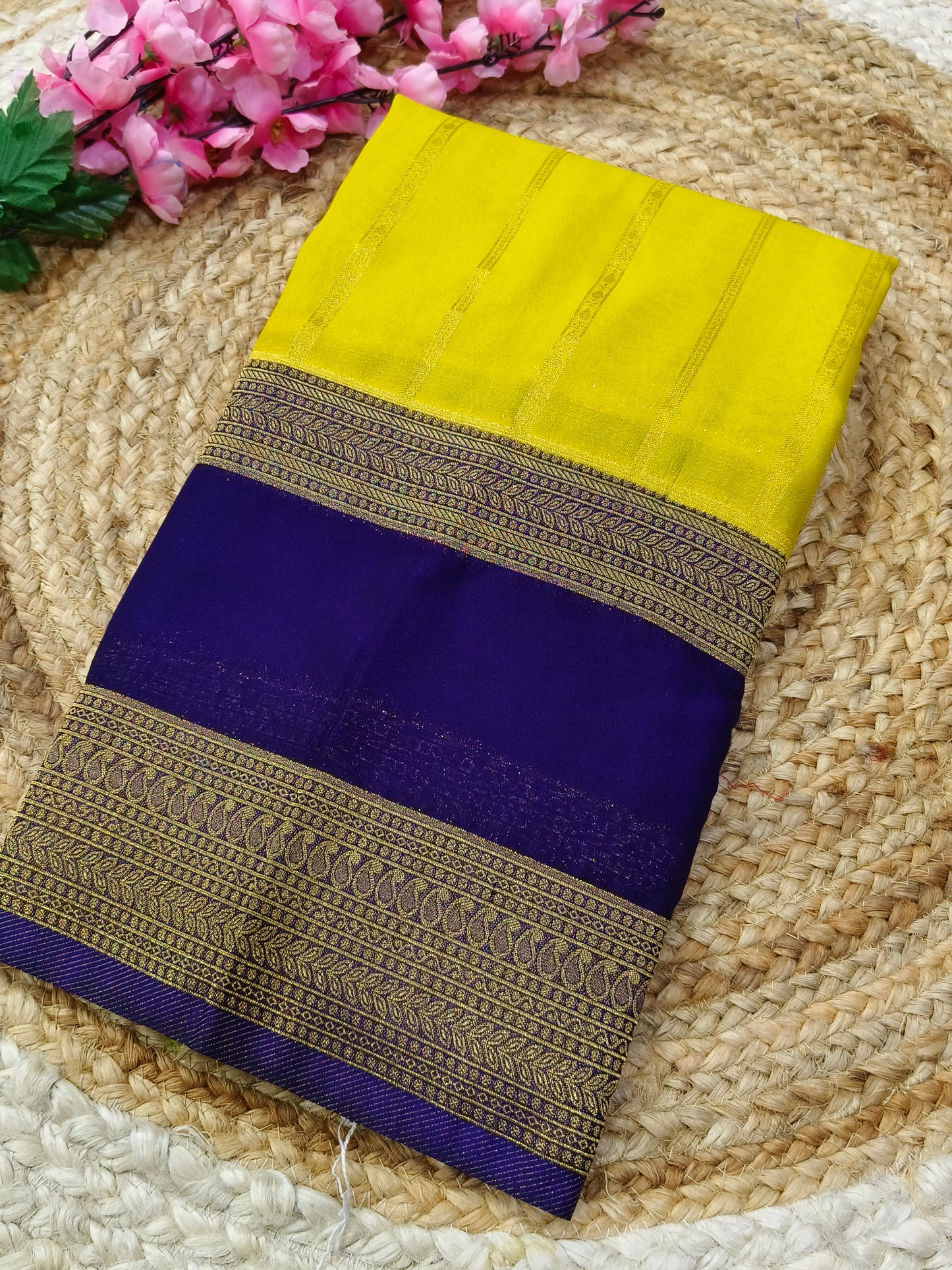 Yellow with purple semi silk sarees