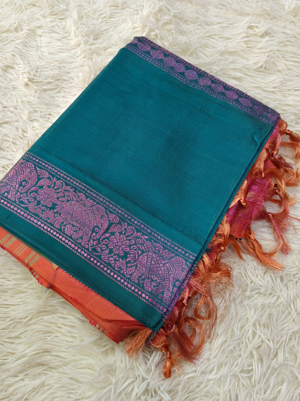 Teal Green With Orange Banana Pith Saree without Blouse