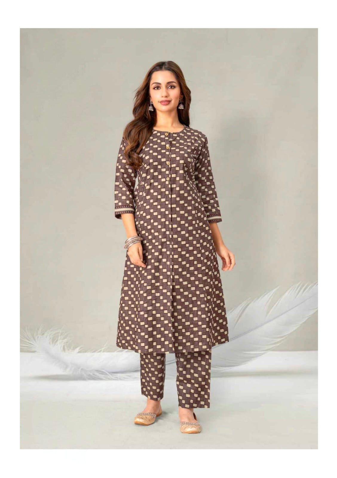 Brown Elegant Printed Cotton Kurta Set