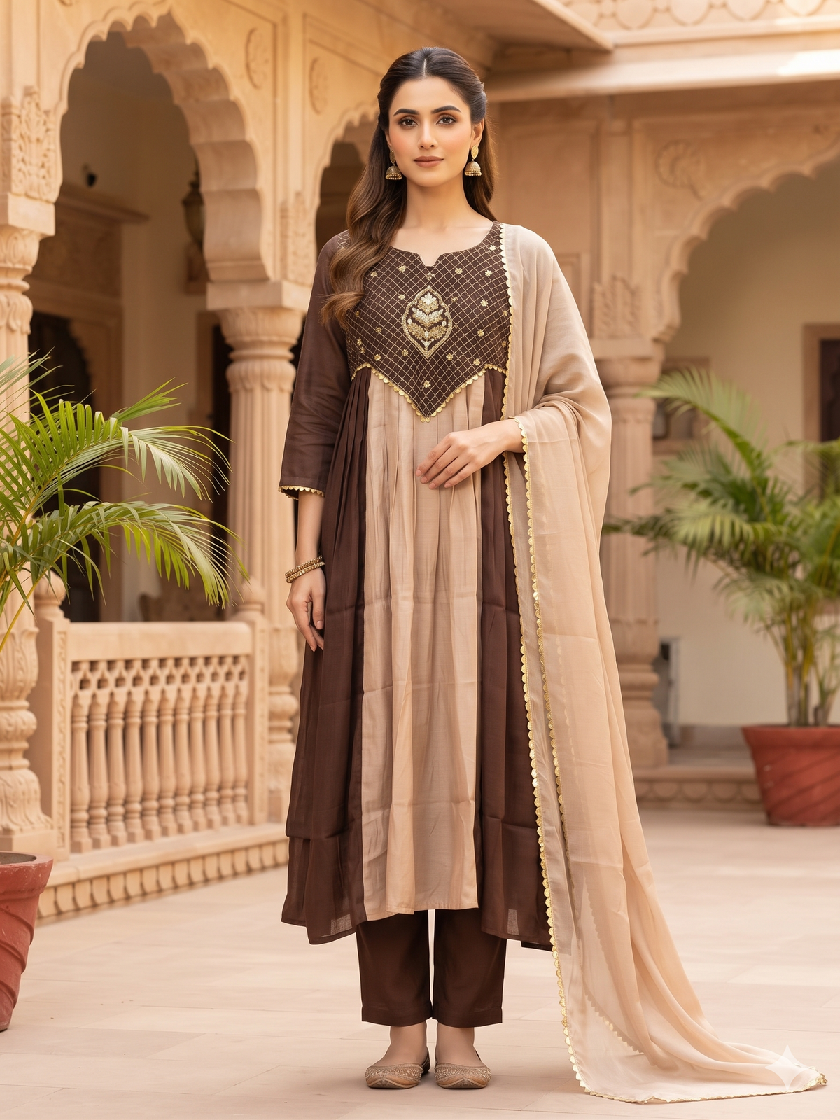 Elegant soft cream with Brown Malchanderi A - Line suits